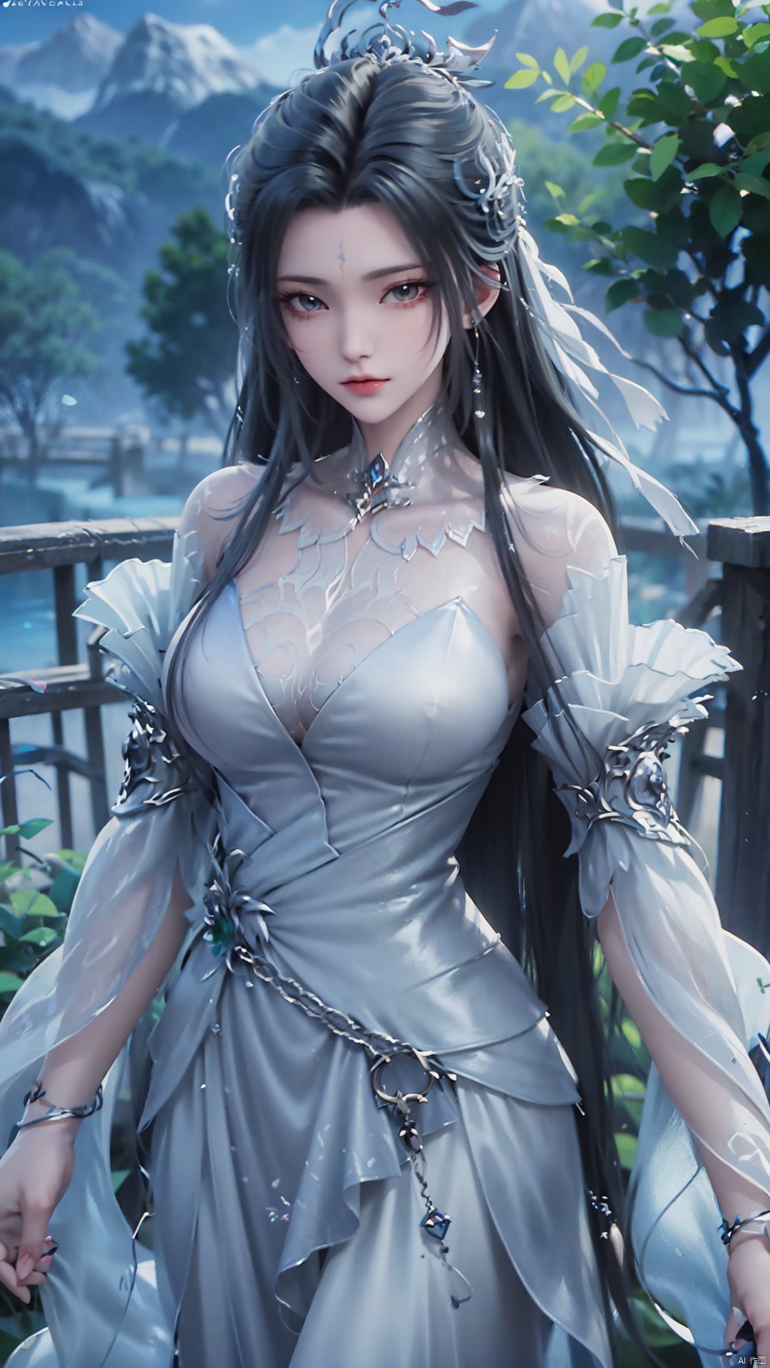 1girl, long hair, facial mark, forehead mark, white dress, solo, dress, black hair, jewelry, earrings, hair bun, hair ornament, mischevious smile, perfect body, scenery, sharp focus, best quality, masterpiece, detailed outfit, illustration, perfect eyes, finely detailed beautiful anime eyes, realistic skin, intricate details, best lighting, depth of field, ultra high resolution,cowboy_shot, dynamic pose, dynamic angle,