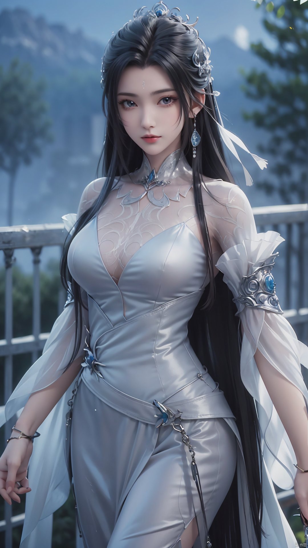 1girl, long hair, facial mark, forehead mark, white dress, solo, dress, black hair, jewelry, earrings, hair bun, hair ornament, mischevious smile, perfect body, scenery, sharp focus, best quality, masterpiece, detailed outfit, illustration, perfect eyes, finely detailed beautiful anime eyes, realistic skin, intricate details, best lighting, depth of field, ultra high resolution,cowboy_shot, dynamic pose, dynamic angle,