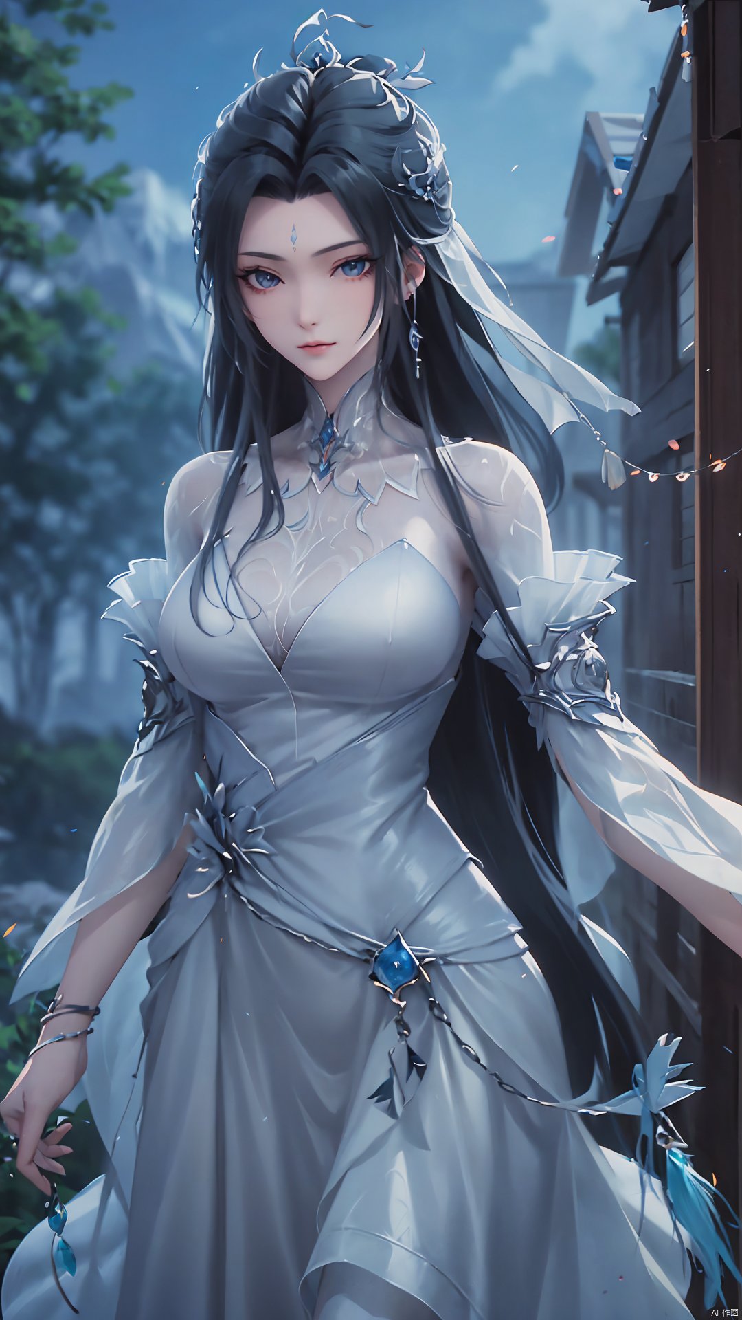 1girl, long hair, facial mark, forehead mark, white dress, solo, dress, black hair, jewelry, earrings, hair bun, hair ornament, mischevious smile, perfect body, scenery, sharp focus, best quality, masterpiece, detailed outfit, illustration, perfect eyes, finely detailed beautiful anime eyes, realistic skin, intricate details, best lighting, depth of field, ultra high resolution,cowboy_shot, dynamic pose, dynamic angle,