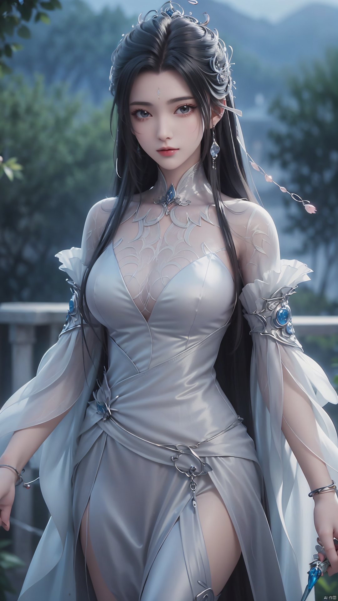 1girl, long hair, facial mark, forehead mark, white dress, solo, dress, black hair, jewelry, earrings, hair bun, hair ornament, mischevious smile, perfect body, scenery, sharp focus, best quality, masterpiece, detailed outfit, illustration, perfect eyes, finely detailed beautiful anime eyes, realistic skin, intricate details, best lighting, depth of field, ultra high resolution,cowboy_shot, dynamic pose, dynamic angle,