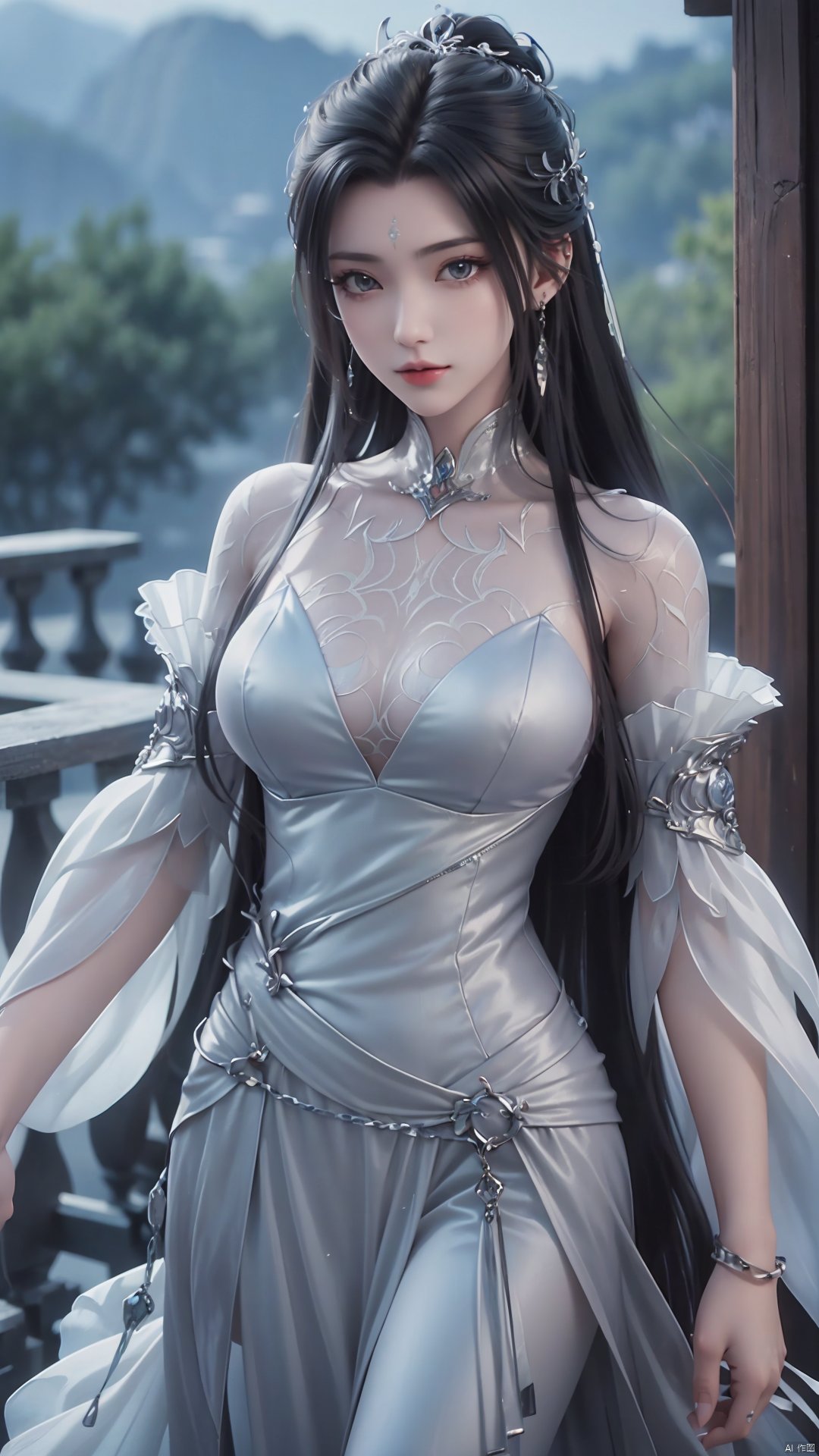 1girl, long hair, facial mark, forehead mark, white dress, solo, dress, black hair, jewelry, earrings, hair bun, hair ornament, mischevious smile, perfect body, scenery, sharp focus, best quality, masterpiece, detailed outfit, illustration, perfect eyes, finely detailed beautiful anime eyes, realistic skin, intricate details, best lighting, depth of field, ultra high resolution,cowboy_shot, dynamic pose, dynamic angle,