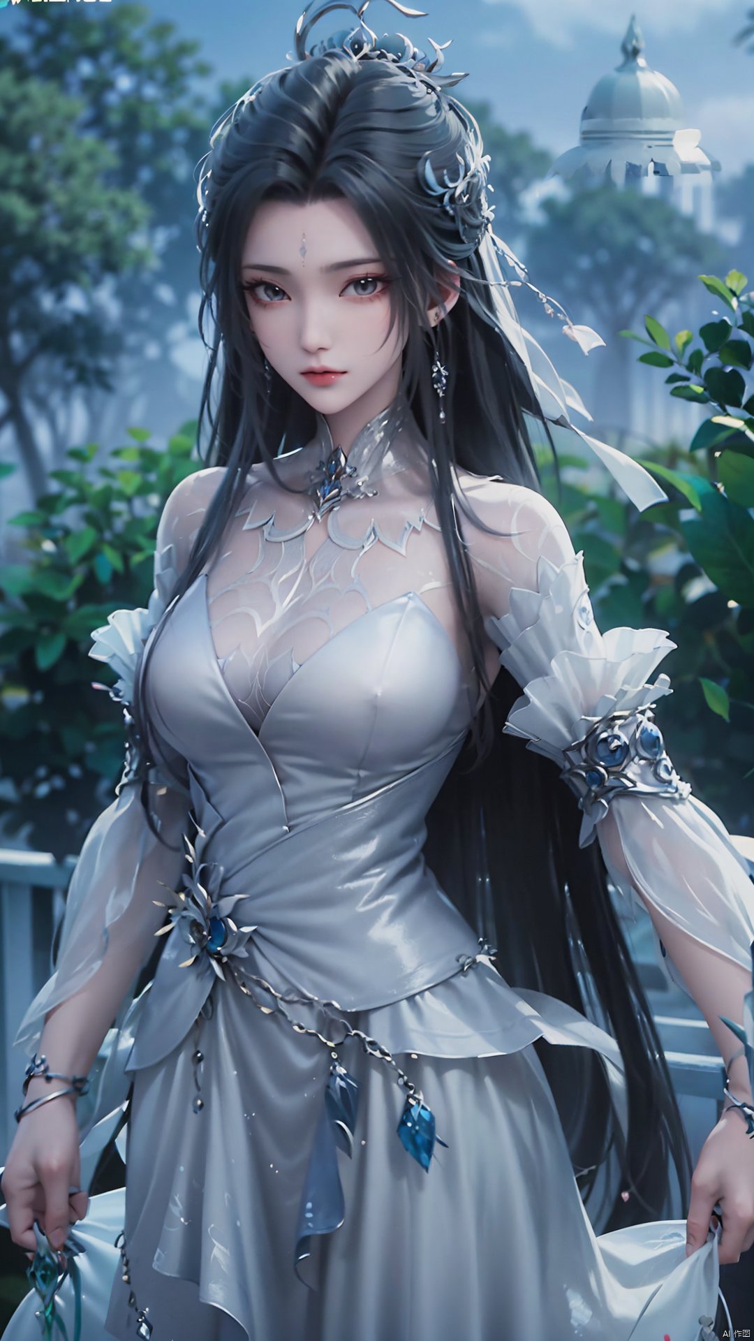 1girl, long hair, facial mark, forehead mark, white dress, solo, dress, black hair, jewelry, earrings, hair bun, hair ornament, mischevious smile, perfect body, scenery, sharp focus, best quality, masterpiece, detailed outfit, illustration, perfect eyes, finely detailed beautiful anime eyes, realistic skin, intricate details, best lighting, depth of field, ultra high resolution,cowboy_shot, dynamic pose, dynamic angle,