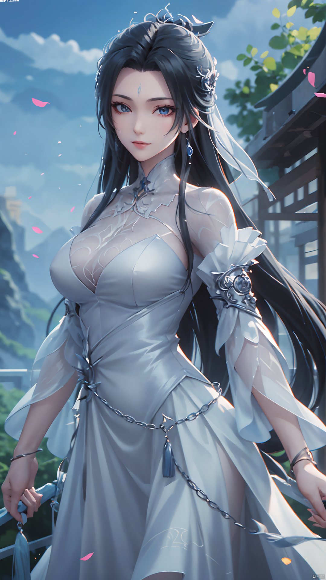 1girl, long hair, facial mark, forehead mark, white dress, solo, dress, black hair, jewelry, earrings, hair bun, hair ornament, mischevious smile, perfect body, scenery, sharp focus, best quality, masterpiece, detailed outfit, illustration, perfect eyes, finely detailed beautiful anime eyes, realistic skin, intricate details, best lighting, depth of field, ultra high resolution,cowboy_shot, dynamic pose, dynamic angle,