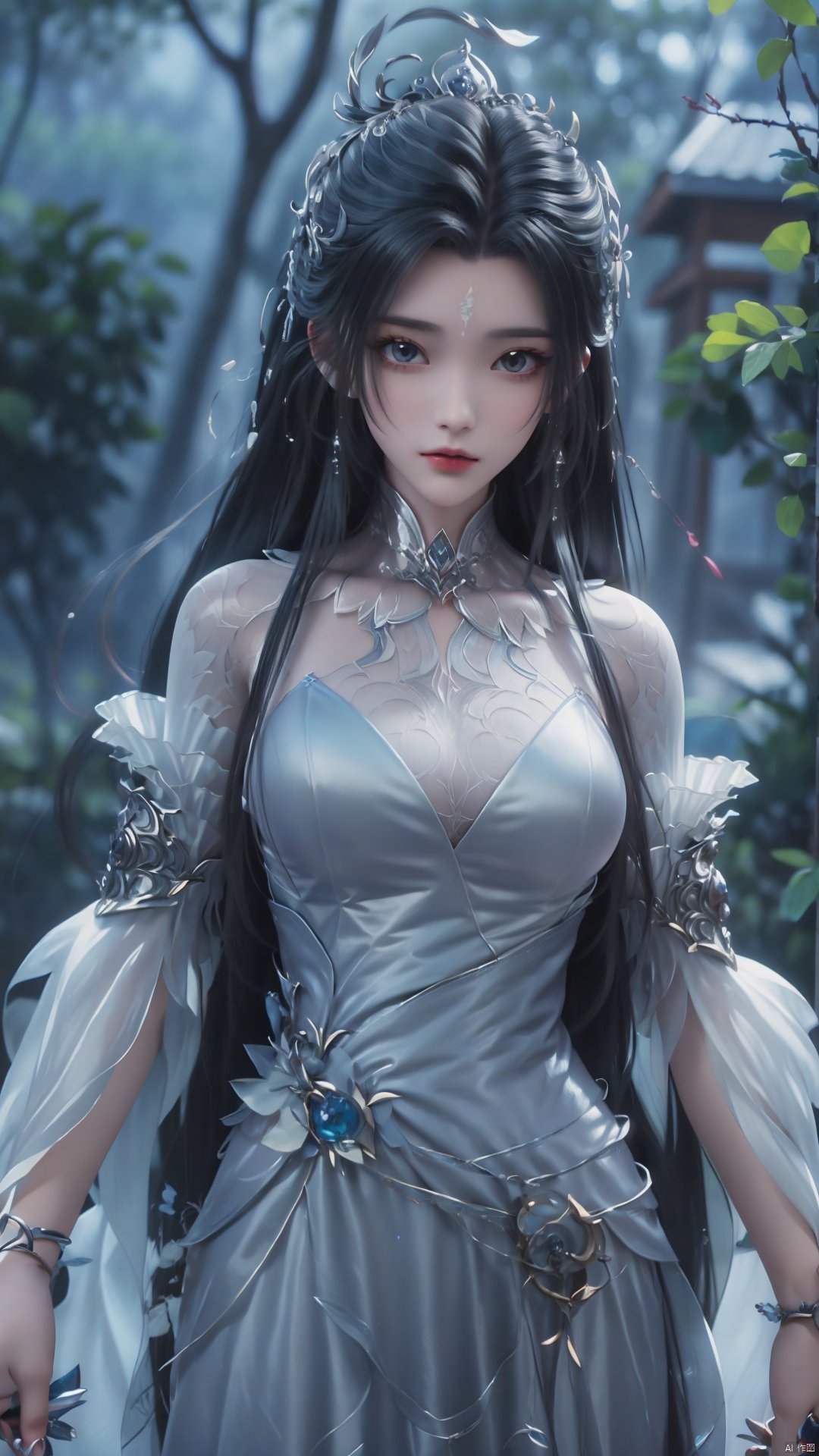 1girl, long hair, facial mark, forehead mark, white dress, solo, dress, black hair, jewelry, earrings, hair bun, hair ornament, mischevious smile, perfect body, scenery, sharp focus, best quality, masterpiece, detailed outfit, illustration, perfect eyes, finely detailed beautiful anime eyes, realistic skin, intricate details, best lighting, depth of field, ultra high resolution,cowboy_shot, dynamic pose, dynamic angle,