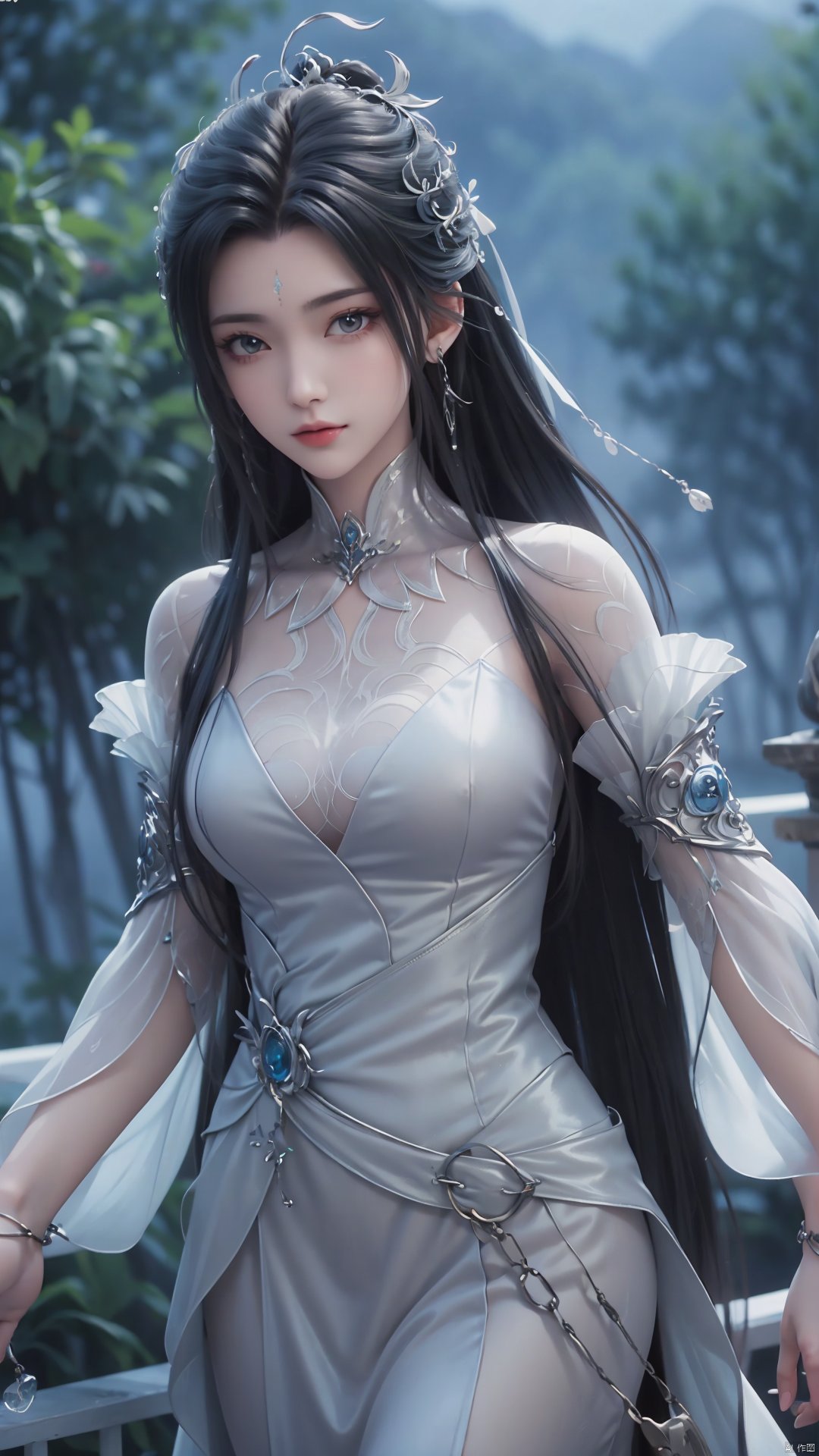 1girl, long hair, facial mark, forehead mark, white dress, solo, dress, black hair, jewelry, earrings, hair bun, hair ornament, mischevious smile, perfect body, scenery, sharp focus, best quality, masterpiece, detailed outfit, illustration, perfect eyes, finely detailed beautiful anime eyes, realistic skin, intricate details, best lighting, depth of field, ultra high resolution,cowboy_shot, dynamic pose, dynamic angle,