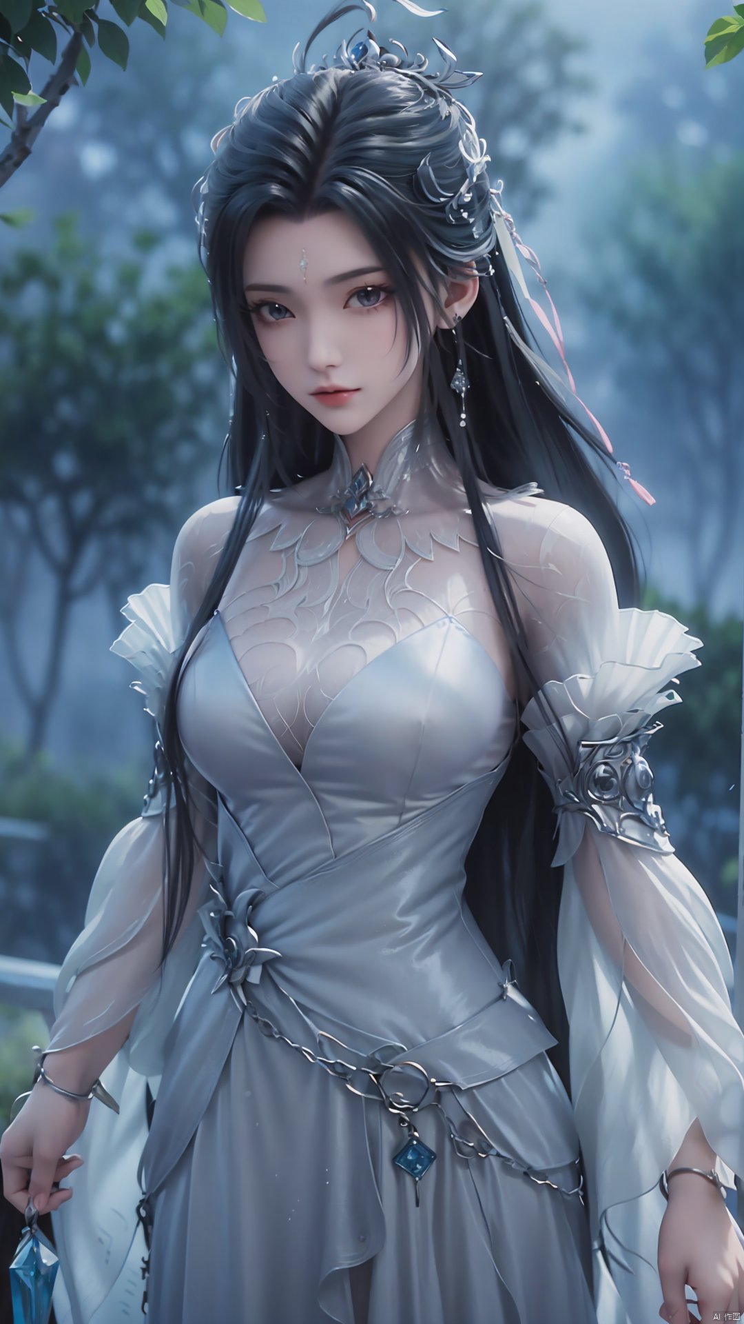 1girl, long hair, facial mark, forehead mark, white dress, solo, dress, black hair, jewelry, earrings, hair bun, hair ornament, mischevious smile, perfect body, scenery, sharp focus, best quality, masterpiece, detailed outfit, illustration, perfect eyes, finely detailed beautiful anime eyes, realistic skin, intricate details, best lighting, depth of field, ultra high resolution,cowboy_shot, dynamic pose, dynamic angle,