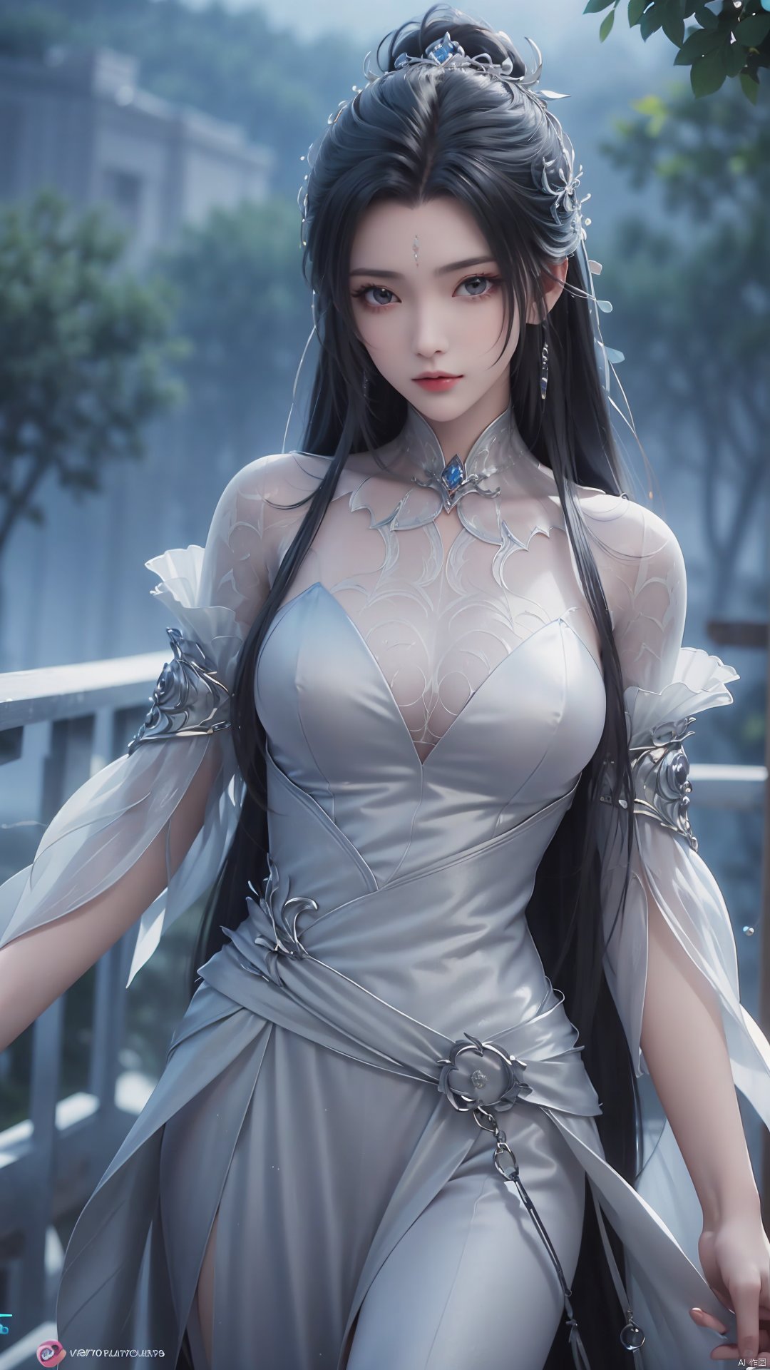 1girl, long hair, facial mark, forehead mark, white dress, solo, dress, black hair, jewelry, earrings, hair bun, hair ornament, mischevious smile, perfect body, scenery, sharp focus, best quality, masterpiece, detailed outfit, illustration, perfect eyes, finely detailed beautiful anime eyes, realistic skin, intricate details, best lighting, depth of field, ultra high resolution,cowboy_shot, dynamic pose, dynamic angle,