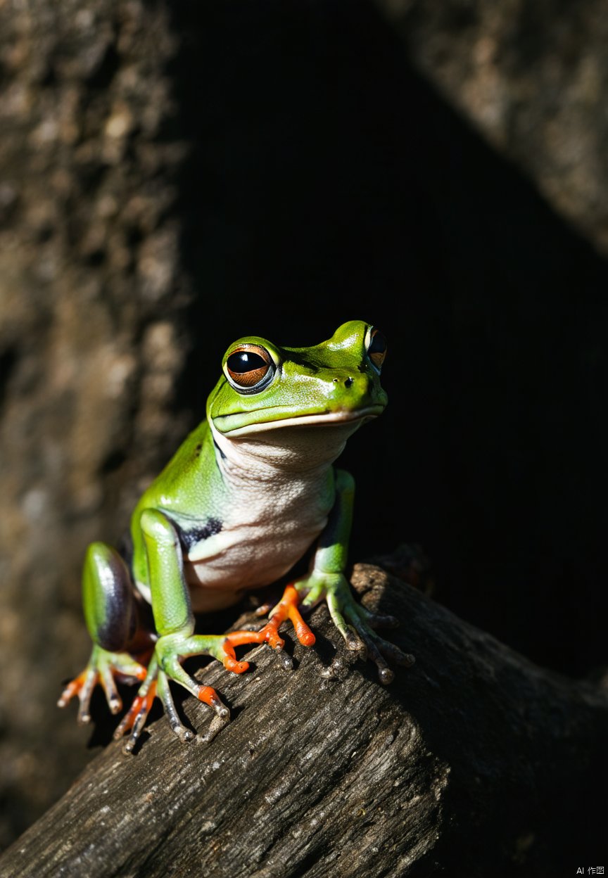 This image captures a moment of stillness in nature, featuring a vibrant green frog perched on a diagonal branch. The frog's eyes are wide open, and it appears to be gazing into the distance, possibly observing its surroundings or waiting for prey. The branch it sits upon is textured with small bumps and irregularities, and it contrasts with the smooth, dark background that seems to be a wall or a rock face. The lighting in the image is subtle, with the frog illuminated from the side, casting a gentle shadow behind it. The overall mood of the image is one of quiet observation and natural beauty.