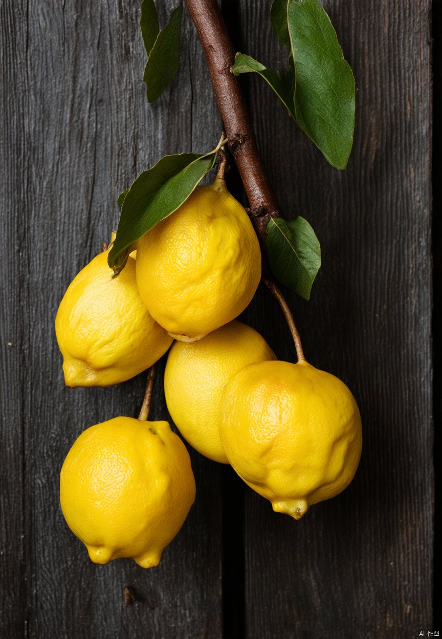 This image showcases a branch with three ripe lemons attached to it. The lemons are bright yellow, with a slightly wrinkled texture that is characteristic of their ripeness. They hang from the branch in a casual arrangement, with one lemon positioned slightly above the others. The branch itself is brown, with a few green leaves interspersed among the fruit. The leaves appear fresh and are attached to the branch by small stems. The background is a dark, rustic wooden surface that contrasts with the vibrant yellow of the lemons, adding depth and a sense of natural texture to the composition.