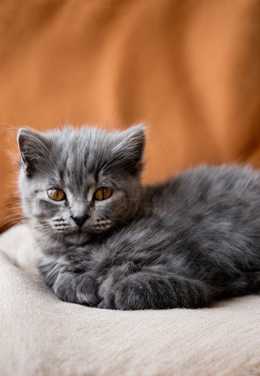 This image captures a serene moment of a young cat, possibly a kitten, resting comfortably on a soft, textured surface. The cat's fur is a soft gray, and its eyes are a captivating shade of amber, reflecting a calm and contemplative demeanor. The background is adorned with a warm, orange-hued fabric that adds a cozy ambiance to the scene. The cat's posture is relaxed, with its body slightly curled and its head resting on the fabric, suggesting a sense of contentment and ease. The overall mood of the image is tranquil and heartwarming, evoking feelings of comfort and affection.