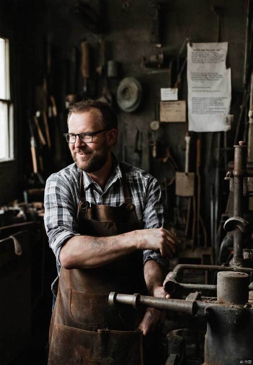 The image depicts a man in a workshop setting, surrounded by tools and equipment. He is wearing a plaid shirt with a collar, rolled up to the elbows, and a leather apron that is stained from what appears to be metalwork. He has a beard and glasses, and is looking off to the side with a slight smile, suggesting he is engaged in a pleasant or satisfying activity. The workshop is dimly lit, with a focus on the man and the immediate foreground, which includes a metal object with visible wear and a handle. There is a piece of paper or a note pinned to the wall behind him, but the text is not legible. The overall atmosphere of the image is one of focused craftsmanship and contentment.