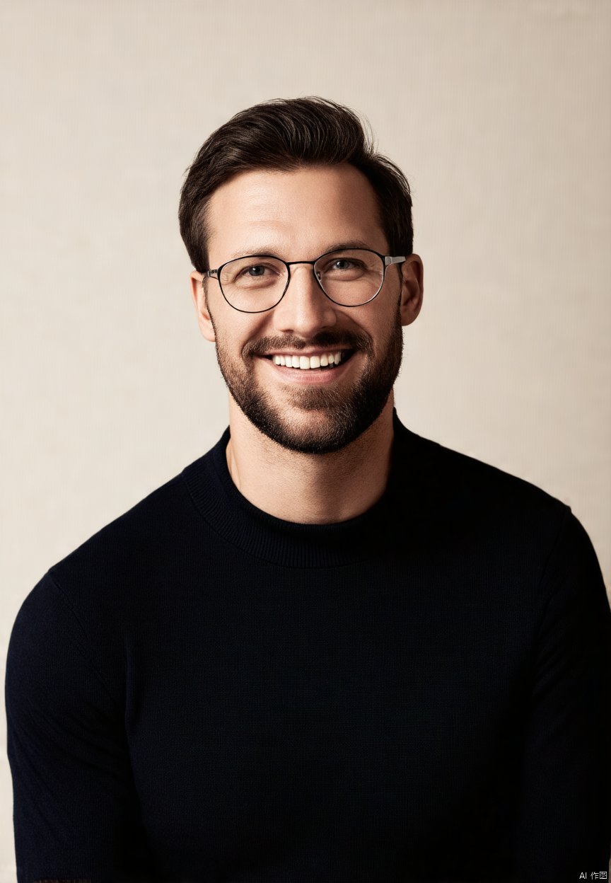 This image features a man with a cheerful demeanor, sporting a casual yet neat appearance. He has a well-groomed beard and mustache, and his hair is styled in a modern, slightly tousled manner. The man is wearing clear, round glasses that complement his facial features. He is dressed in a black crew-neck sweater, which gives off a relaxed yet sophisticated vibe. The background is plain and light-colored, ensuring that the focus remains on the subject. The lighting in the image is soft and even, highlighting the man's features without casting harsh shadows.