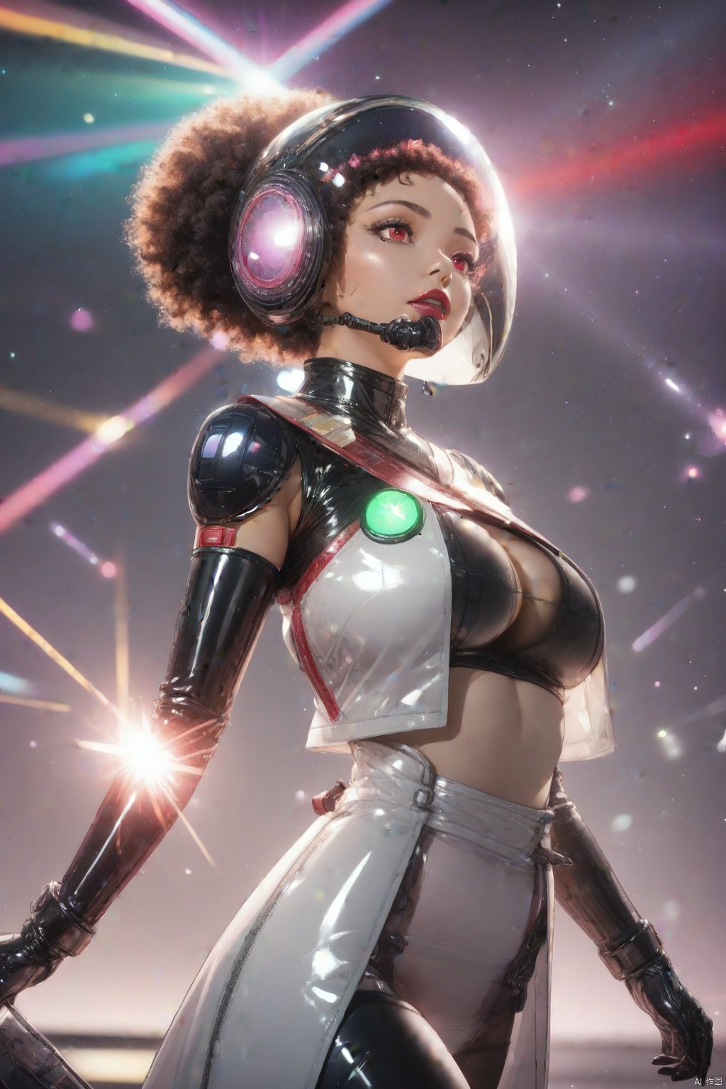 best quality,highres,masterpiece,sparkles,ornate,bloom light,ambilight,halatio,detail skin,((skin glowing, subsurface scattering)),particles,ray tracing,1girl,afro,bag,bag over head,breasts,crossover,cyborg,doctor,expressionless,eyeliner,leotard,looking up,makeup,multicolored eyes,multicolored hair,paper bag,rainbow hair,red background,red eyeliner,red lips,sparkle,