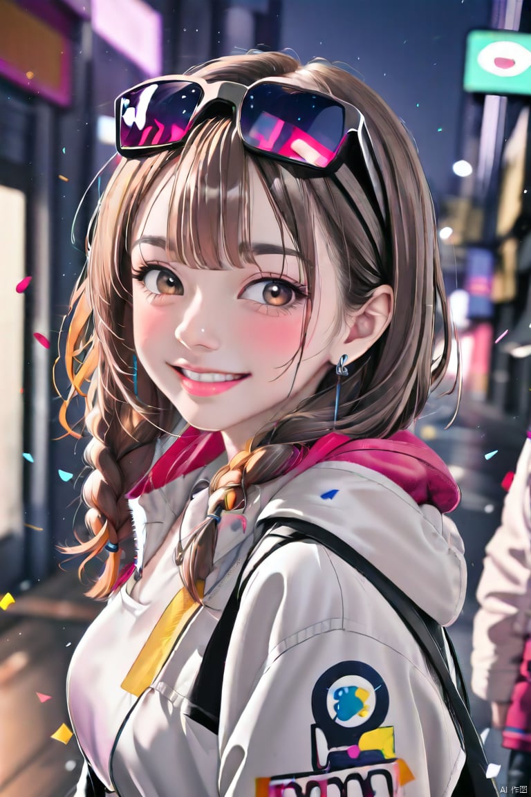 illustration, best quality, ultra-detailed, super detailed skin,cute, lovely, extremely detailed,8K,solo,1girl, detailed background,urban, 💫,⭐️,🌟,✨,night,dynamic angle,beautiful eyes,blash,smile,(streetwear:1.5),street style ,(emphasis splatter ),splatter,graffiti,spraycan,❤️,motion,navel,(croptop:0.8),(ear piercing:0.7),two-tone hair color,(cool),(HDR:1),wind ,(jitome:1.2),perfect hand,active,RETRO ART STYLE, NEON_POP ART STYLE, ART STYLE, hands behind back, yunqing, glasses