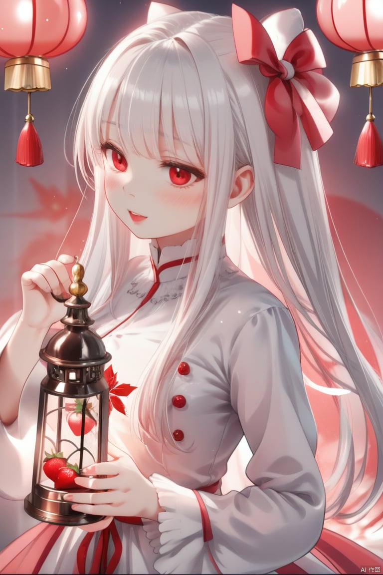 (masterpiece), (best quality), illustration, ultra detailed, hdr, Depth of field, (colorful),loli, 1girl, solo, long hair, red eyes, fruit, white hair, red background, food, bow, white bow, strawberry, dress, long sleeves, hair bow, white dress, blush, closed mouth, holding, lantern, star (symbol), fire, upper body, frills, simple background