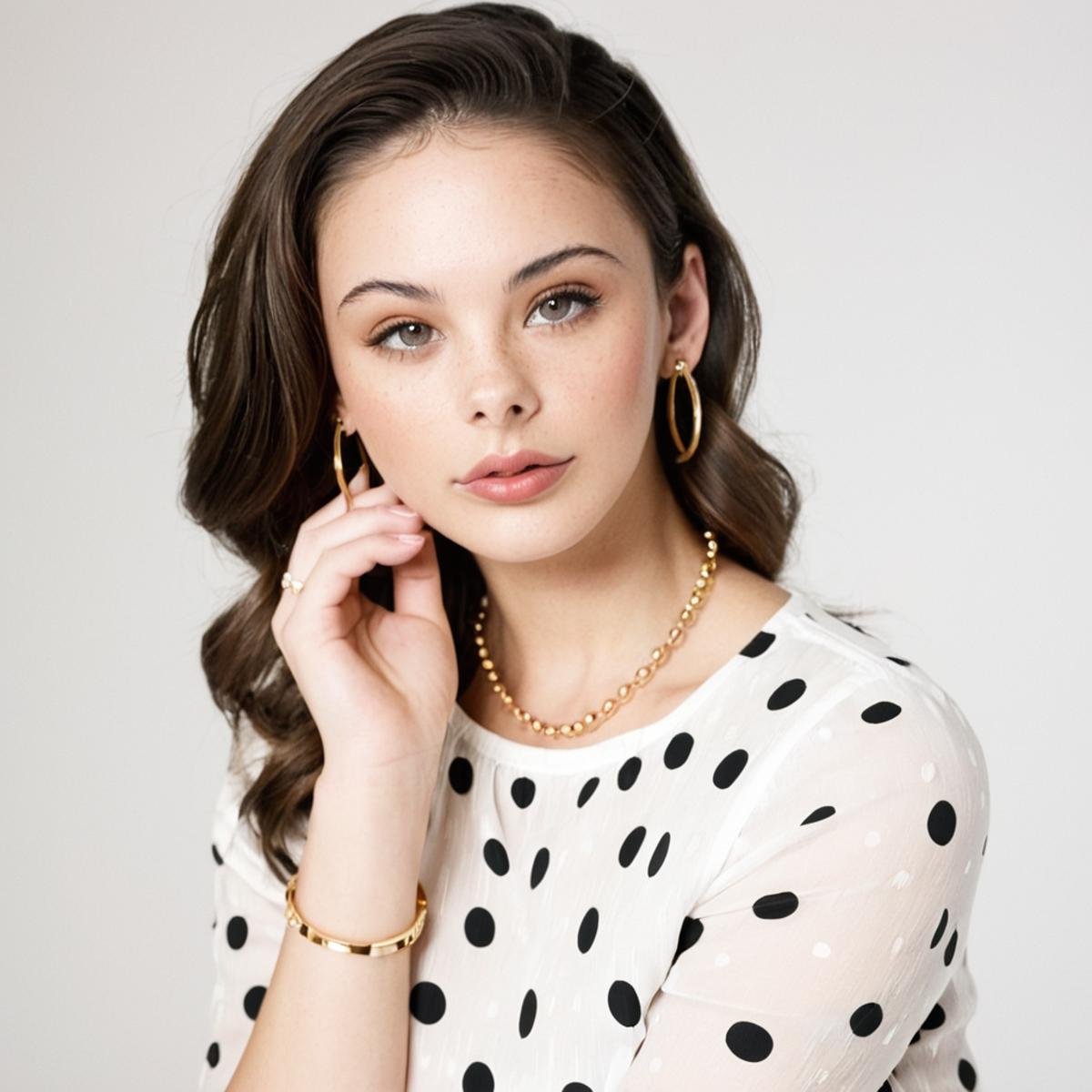 meika_woollard,woman, long hair, looking at viewer, simple background,shirt, black hair, jewelry, white shirt, upper body, earrings, parted lips, hand up, necklace, bracelet, polka dot, hoop earrings, realistic, <lora:MWoollardXL:1>