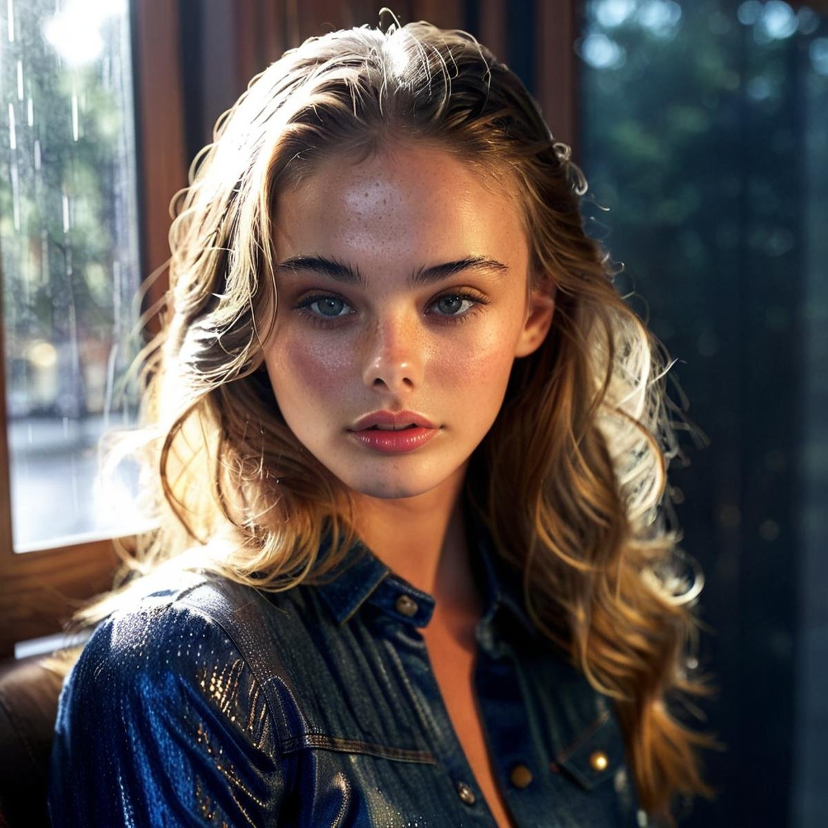 meika_woollard,woman, close up, upper body, long hair, looking at viewer, blonde hair, long sleeves,  sitting, pants, indoors, window, makeup, chair, sunlight, denim, rain, jeans, realistic, door, leather, stool,<lora:MWoollardXL:1>, ((sharp face, detailed face, realistic face, naturtal skin, realistic skin, detailed skin, pores)), (masterpiece, best quality, ultra-detailed, best shadow), high contrast, (best illumination), ((cinematic light)), colorful, hyper detail, dramatic light, intricate details, (1 girl, solo) , ultra detailed artistic photography, dreamy, backlit, shadows, ultra high definition, 8k, ultra sharp focus, ultra high quality model, soft lighting, film photography, analogue photography, hyperrealism,