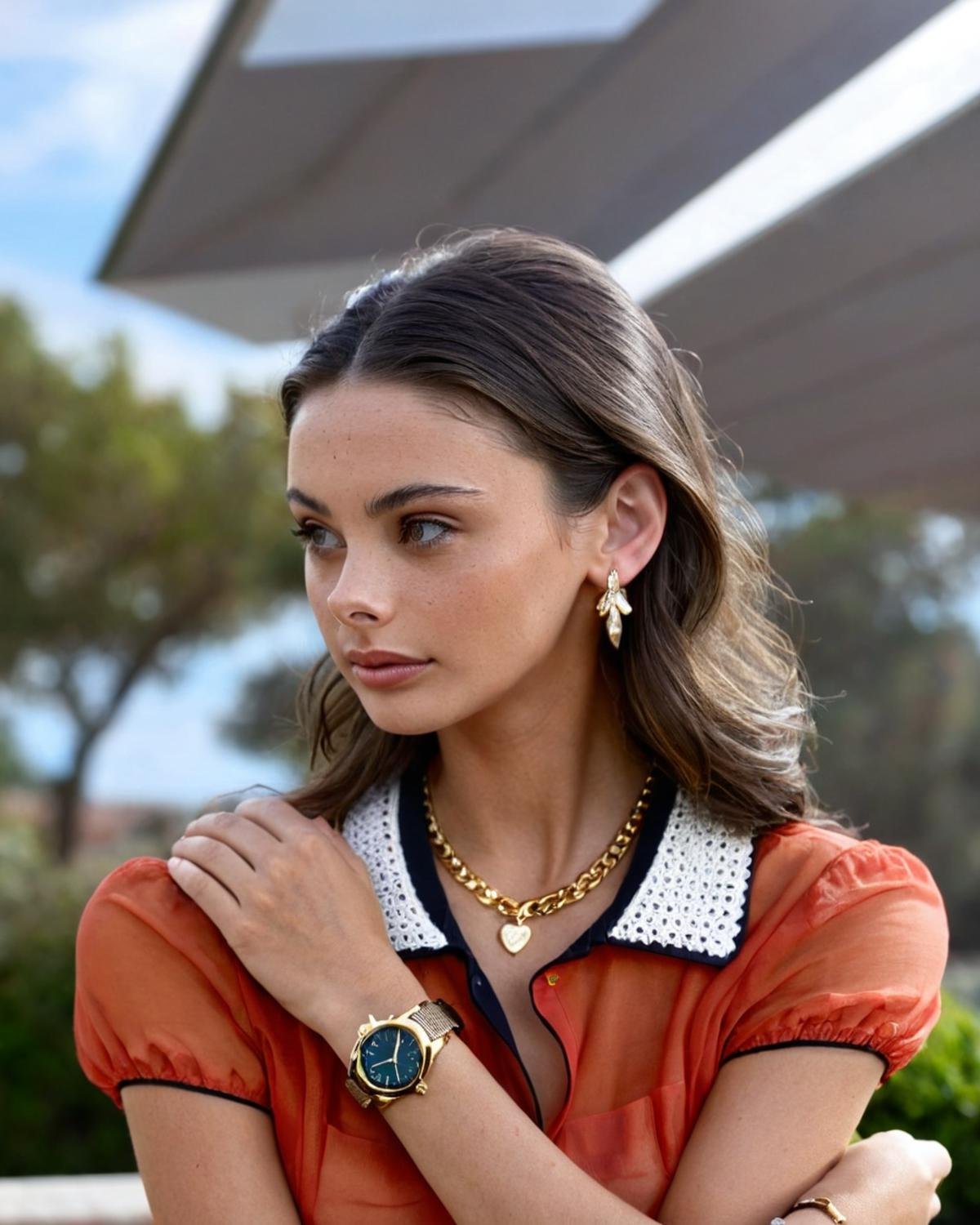 meika_woollard,woman, long hair, looking at viewer, dress, jewelry, closed mouth, red shirt, upper body, short sleeves, earrings, outdoors, sky, day, collared shirt, cloud,  bracelet, eyelashes, depth of field, blurry background, blouse, watch, realistic, wristwatch, hand on own shoulder, <lora:MWoollardXL:1>