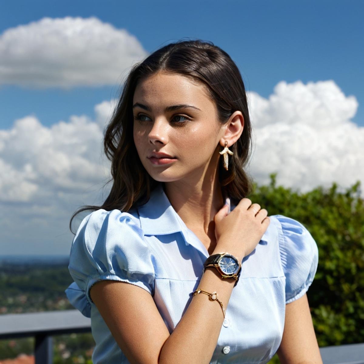 meika_woollard,woman, long hair, looking at viewer, dress, jewelry, closed mouth, white shirt, upper body, short sleeves, earrings, outdoors, sky, day, collared shirt, cloud,  bracelet, eyelashes, depth of field, blurry background, blouse, watch, realistic, wristwatch, hand on own shoulder, <lora:MWoollardXL:1>