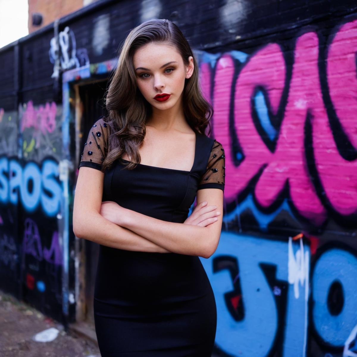 meika_woollard,woman,  long hair, looking at viewer, dress, standing, short sleeves, cowboy shot, outdoors, parted lips, black dress, makeup, bug, lipstick, realistic, graffiti,<lora:MWoollardXL:1>