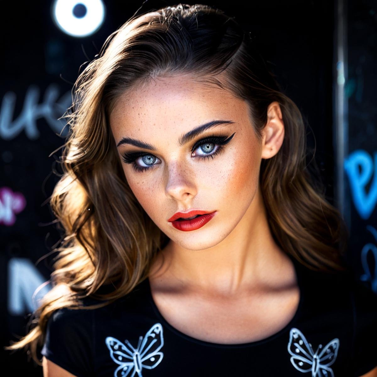 meika_woollard,woman,  long hair, looking at viewer, dress, standing, short sleeves, cowboy shot, outdoors, parted lips, black dress, makeup, bug, lipstick, realistic, graffiti,<lora:MWoollardXL:1>, ((sharp face, detailed face, realistic face, naturtal skin, realistic skin, detailed skin, pores)), (masterpiece, best quality, ultra-detailed, best shadow), high contrast, (best illumination), ((cinematic light)), colorful, hyper detail, dramatic light, intricate details, (1 girl, solo) , ultra detailed artistic photography, dreamy, backlit, shadows, ultra high definition, 8k, ultra sharp focus, ultra high quality model, soft lighting, film photography, analogue photography, hyperrealism,, ((perfect eyes, detailed eyes,realistic eyes))