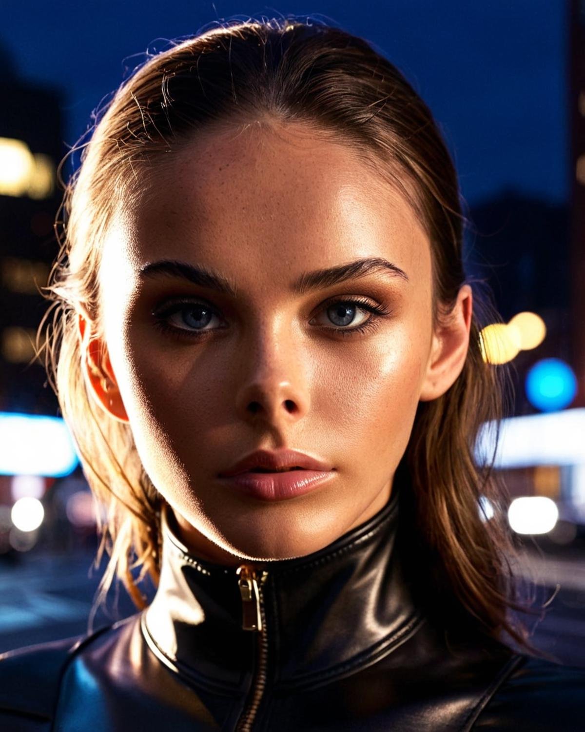 meika_woollard, black bodysuit, leather suit, city, looking at viewer, portrait, close up, solo, <lora:MWoollardXL:1>, (masterpiece, best quality, ultra-detailed, best shadow), high contrast, (best illumination), ((cinematic light)), colorful, hyper detail, dramatic light, intricate details, (1 girl, solo) , ultra detailed artistic photography, dreamy, backlit, shadows, ultra high definition, 8k, ultra sharp focus, ultra high quality model, soft lighting, film photography, analogue photography, hyperrealism,, ((sharp face, detailed face, realistic face, naturtal skin, realistic skin, detailed skin, pores)), ((perfect eyes, detailed eyes,realistic eyes))