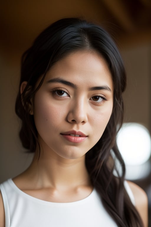 Here's the generated image:

The camera captures a stunning Indian woman, 25 years old, standing confidently in front of a blurred indoor setting. Her voluminous, wavy hair cascades down her shoulders, framing her expressive brown eyes with thick, slightly arched eyebrows. Her full lips curve into a subtle smile, hinting at contemplation and determination.

Her skin glows with a natural complexion, showcasing subtle imperfections like fine lines and slight blemishes. Her eyes are pools of warmth, with delicate highlights on the irises and slight reflections in the pupils. Her hair appears to be slightly tousled, with individual strands falling softly around her face.

She wears a snug-fitting white sleeveless top made of soft, stretchy fabric, highlighting her toned arms and shoulders. The high-waisted pants fit her form well, showcasing visible seams and pockets. The camera captures the texture of the clothing with minor creases and folds, giving a sense of realism.

The lighting is soft and natural, casting gentle shadows on her face and skin. The shallow depth of field blurs the background, emphasizing the subject's presence. The image has a touch of film grain, adding an authentic feel to the photorealistic details.