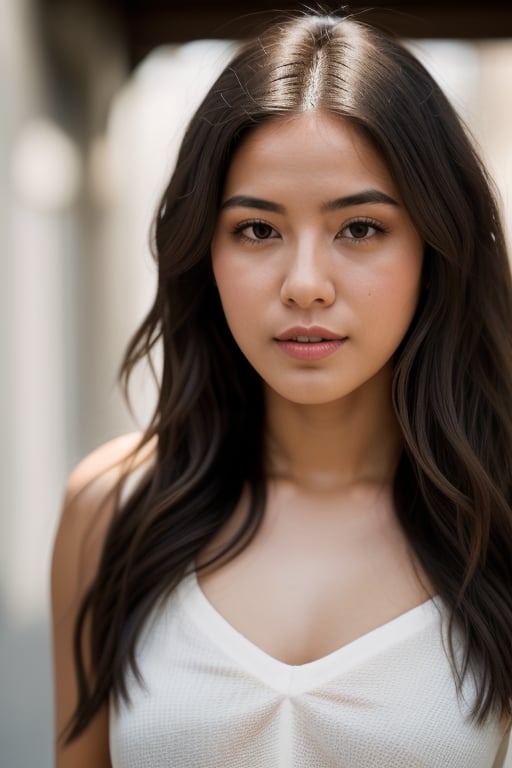 Here's the generated image:

The camera captures a stunning Indian woman, 25 years old, standing confidently in front of a blurred indoor setting. Her voluminous, wavy hair cascades down her shoulders, framing her expressive brown eyes with thick, slightly arched eyebrows. Her full lips curve into a subtle smile, hinting at contemplation and determination.

Her skin glows with a natural complexion, showcasing subtle imperfections like fine lines and slight blemishes. Her eyes are pools of warmth, with delicate highlights on the irises and slight reflections in the pupils. Her hair appears to be slightly tousled, with individual strands falling softly around her face.

She wears a snug-fitting white sleeveless top made of soft, stretchy fabric, highlighting her toned arms and shoulders. The high-waisted pants fit her form well, showcasing visible seams and pockets. The camera captures the texture of the clothing with minor creases and folds, giving a sense of realism.

The lighting is soft and natural, casting gentle shadows on her face and skin. The shallow depth of field blurs the background, emphasizing the subject's presence. The image has a touch of film grain, adding an authentic feel to the photorealistic details.