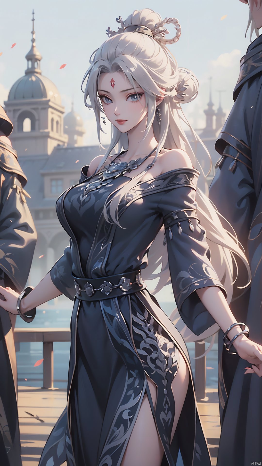 1girl, solo, jewelry, bracelet, long hair, hair ornament, dress, hair rings, bare shoulders, looking at viewer, facial mark, mischevious smile, perfect body, scenery, sharp focus, best quality, masterpiece, detailed outfit, illustration, perfect eyes, finely detailed beautiful anime eyes, realistic skin, intricate details, best lighting, depth of field, ultra high resolution,cowboy_shot, dynamic pose, dynamic angle,