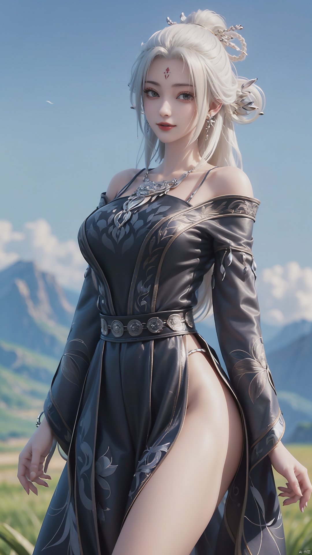 1girl, jewelry, earrings, solo, white hair, necklace, long hair, hair ornament, hair rings, facial mark, forehead mark, bare shoulders, looking at viewer, mischevious smile, perfect body, scenery, sharp focus, best quality, masterpiece, detailed outfit, illustration, perfect eyes, finely detailed beautiful anime eyes, realistic skin, intricate details, best lighting, depth of field, ultra high resolution,upper_body, dynamic pose, dynamic angle,