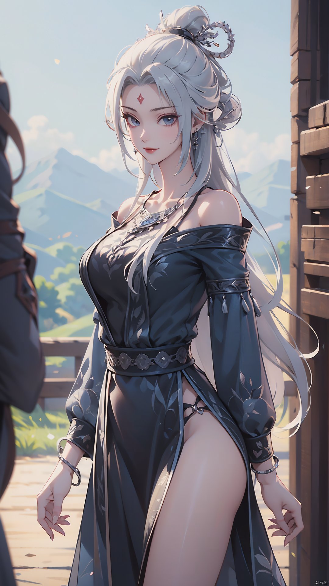 1girl, solo, jewelry, bracelet, long hair, hair ornament, dress, hair rings, bare shoulders, looking at viewer, facial mark, mischevious smile, perfect body, scenery, sharp focus, best quality, masterpiece, detailed outfit, illustration, perfect eyes, finely detailed beautiful anime eyes, realistic skin, intricate details, best lighting, depth of field, ultra high resolution,cowboy_shot, dynamic pose, dynamic angle,