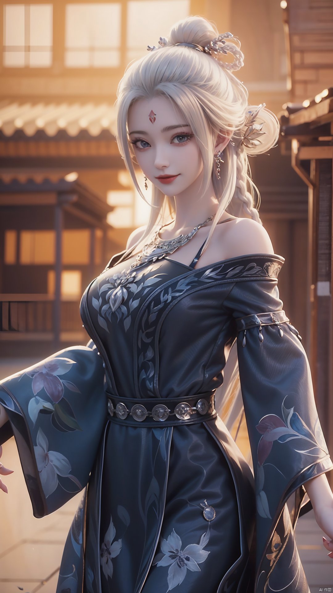 1girl, jewelry, earrings, solo, white hair, necklace, long hair, hair ornament, hair rings, facial mark, braid, forehead mark, bare shoulders, looking at viewer, mischevious smile, perfect body, scenery, sharp focus, best quality, masterpiece, detailed outfit, illustration, perfect eyes, finely detailed beautiful anime eyes, realistic skin, intricate details, best lighting, depth of field, ultra high resolution,upper_body, dynamic pose, dynamic angle,