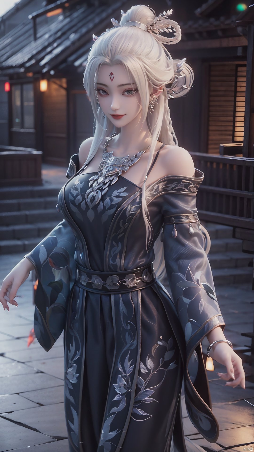 1girl, jewelry, earrings, solo, white hair, necklace, long hair, hair ornament, hair rings, facial mark, forehead mark, bare shoulders, looking at viewer, mischevious smile, perfect body, scenery, sharp focus, best quality, masterpiece, detailed outfit, illustration, perfect eyes, finely detailed beautiful anime eyes, realistic skin, intricate details, best lighting, depth of field, ultra high resolution,upper_body, dynamic pose, dynamic angle,