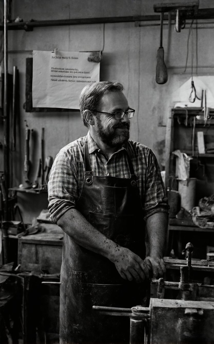 The image depicts a man in a workshop setting, surrounded by tools and equipment. He is wearing a plaid shirt with a collar, rolled up to the elbows, and a leather apron that is stained from what appears to be metalwork. He has a beard and glasses, and is looking off to the side with a slight smile, suggesting he is engaged in a pleasant or satisfying activity. The workshop is dimly lit, with a focus on the man and the immediate foreground, which includes a metal object with visible wear and a handle. There is a piece of paper or a note pinned to the wall behind him, but the text is not legible. The overall atmosphere of the image is one of focused craftsmanship and contentment.
