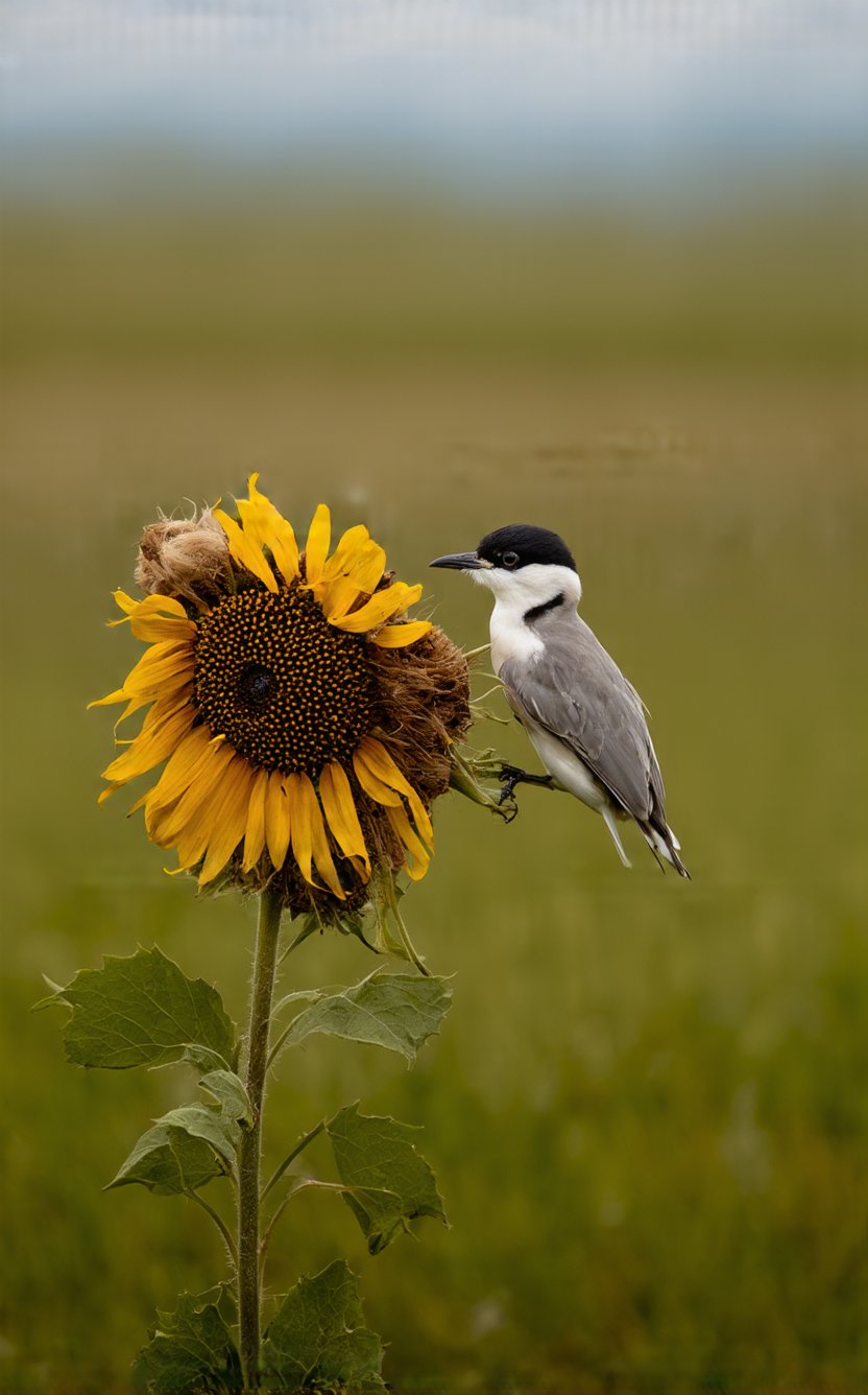 The image captures a moment of natural beauty, featuring a bird perched atop a dried flower. The bird, with its delicate feathers and sharp features, is the central focus of the image. Its plumage is a mix of soft grays and whites, with a distinct black cap and a white face that contrasts with the darker shades of its body. The bird's posture is upright and alert, suggesting it is either resting or observing its surroundings. The dried flower, which appears to be a sunflower, is the perch upon which the bird is situated. The flower is in a state of decay, with its petals drooping and turning a golden-brown hue, indicative of the natural aging process or the effects of environmental conditions. The stem of the flower is slender and supports the bird, with a few leaves still attached, showing signs of wilting. The background is blurred, emphasizing the bird and the flower as the primary subjects. The colors in the background are a soft green and blue, suggesting a natural setting, possibly a garden or a meadow. The lighting in the image is gentle, casting a warm glow on the bird and the flower, which adds to the serene and tranquil mood of the scene. Overall, the image conveys a sense of stillness and the quiet beauty of nature, capturing a fleeting moment in the life of the bird and the life cycle of the flower.
