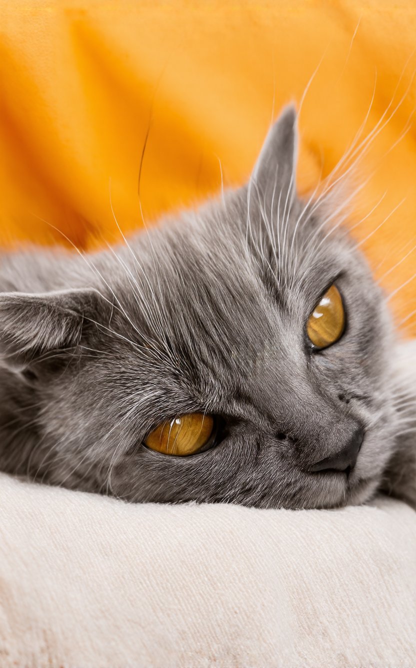 This image captures a serene moment of a young cat, possibly a kitten, resting comfortably on a soft, textured surface. The cat's fur is a soft gray, and its eyes are a captivating shade of amber, reflecting a calm and contemplative demeanor. The background is adorned with a warm, orange-hued fabric that adds a cozy ambiance to the scene. The cat's posture is relaxed, with its body slightly curled and its head resting on the fabric, suggesting a sense of contentment and ease. The overall mood of the image is tranquil and heartwarming, evoking feelings of comfort and affection.