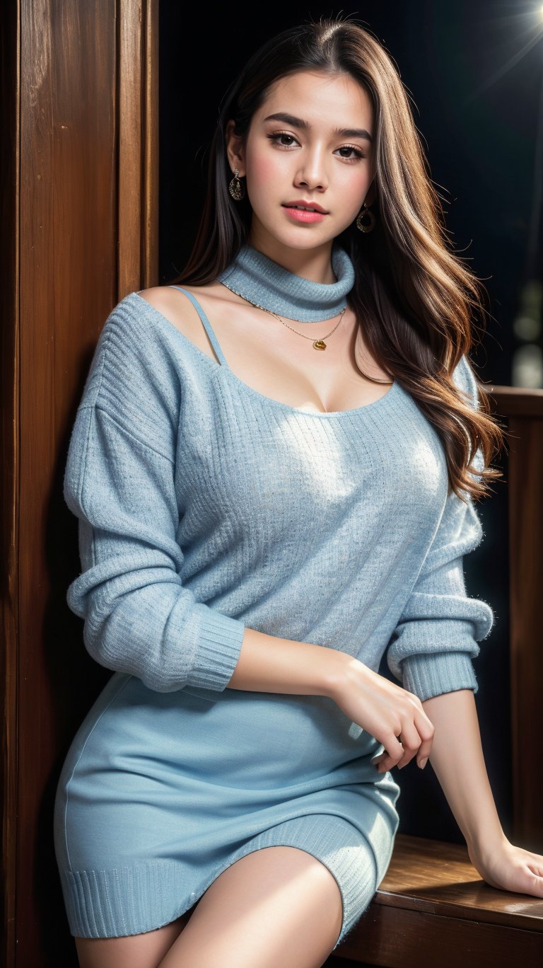 (best quality,4k,8k,highres,masterpiece:1.2),ultra-detailed,(realistic,photorealistic,photo-realistic:1.37),vibrant colors,dramatic lighting,award winning digital art a full body portrait of a beautiful girl, detailed intricate, serene expression, wearing sweater, detailed clothing folds, detailed jewelry, detailed background,