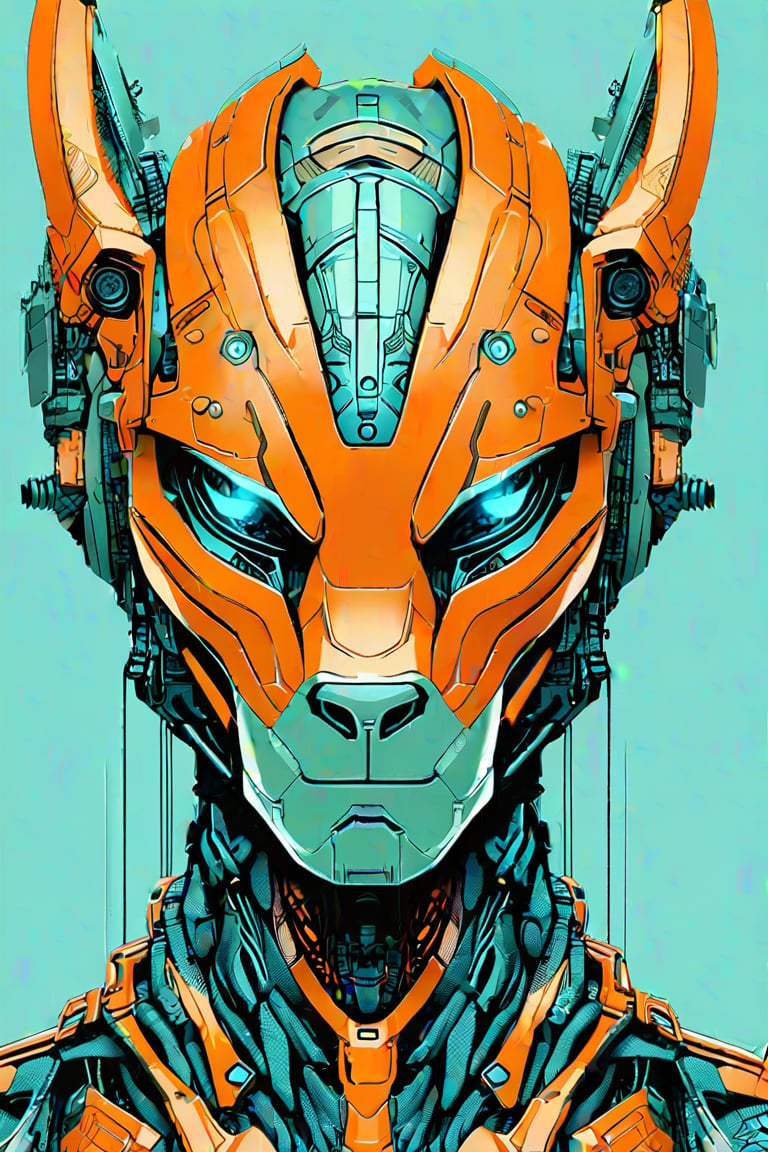 alien cyborg art and illustration by theo el, in the style of balanced symmetry, light orange and cyan, detailed facial features, manticore, organic forms, muted tones, meticulous portraiture, complex patterns 