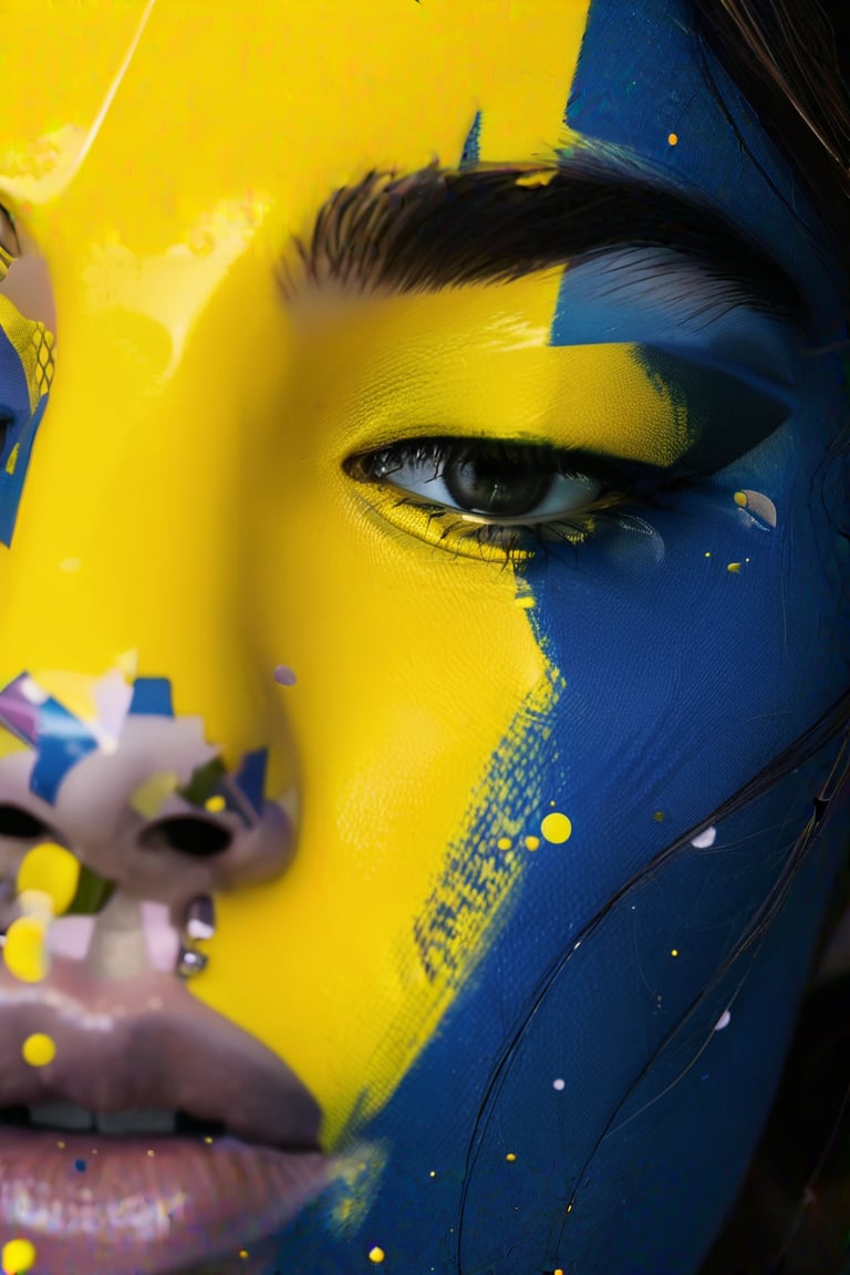 a girl with paint on her face, in the style of dark yellow and dark azure, master of ink, acrobatic self-portraits, soft-focus portraits, polished metamorphosis, bengal school of art, deconstructive, hyperrealistic, 8k