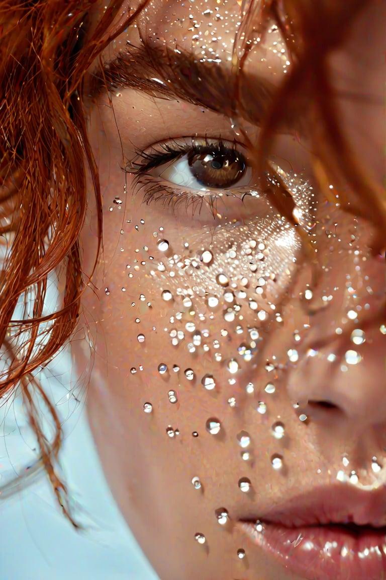 An extreme close-up shot of water droplets falling on a woman's face, brown hair,red head,realistic detail, sharp focus, shiny eyes, shot with an 85mm Leica lens, f4.6, ultra realistic concept photography, award winning portrait inspired by Ákos Major.