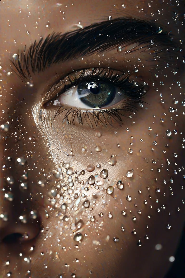 An extreme close-up shot of water droplets falling on a woman's face, realistic detail, sharp focus, shiny eyes, shot with an 85mm Leica lens, f4.6, ultra realistic concept photography, award winning portrait inspired by Ákos Major.