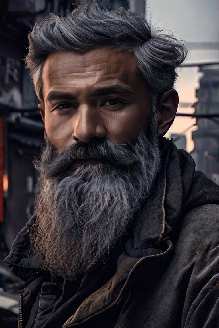 a digital painting of an old man with a beard and some dark grays, in the style of photorealistic urban scenes, uhd image, algeapunk, rusty debris, vibrant portraits, flickr, soft-focus portraits