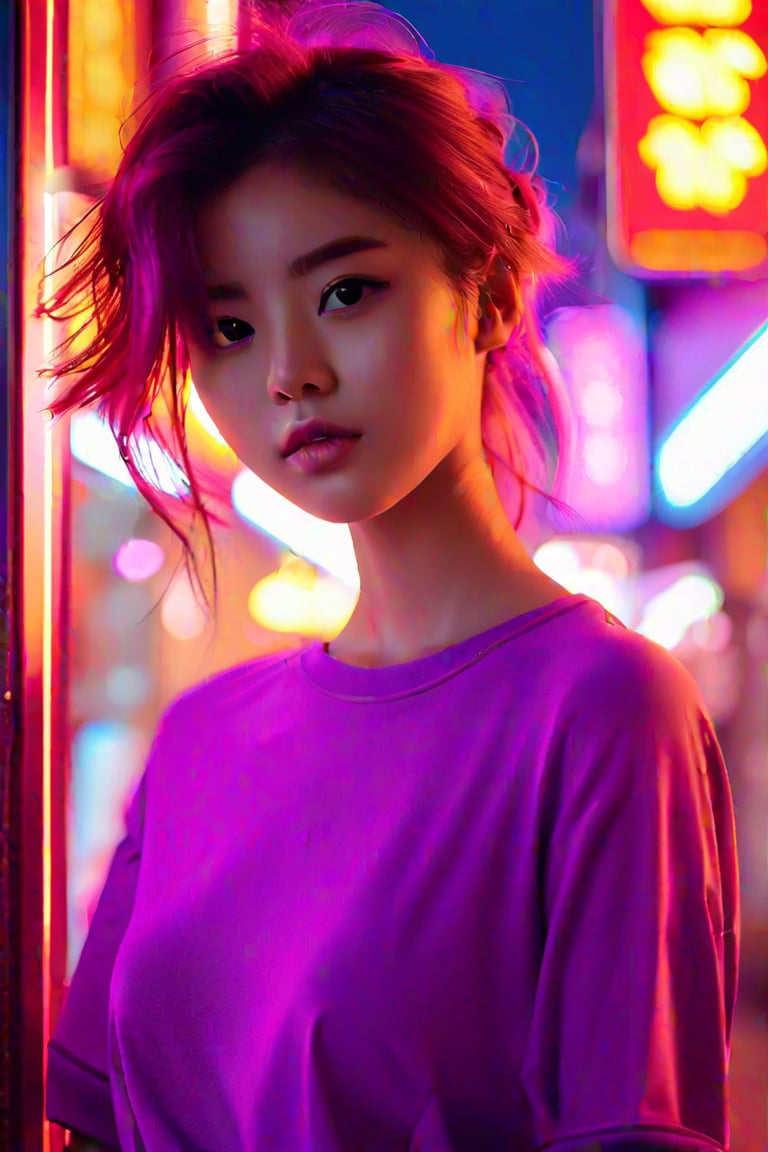 a girl in a purple top in a neon city, in the style of chinapunk, iconic album covers, soft-focus portraits, luke fildes, light amber and silver, exotic, captivating lighting 