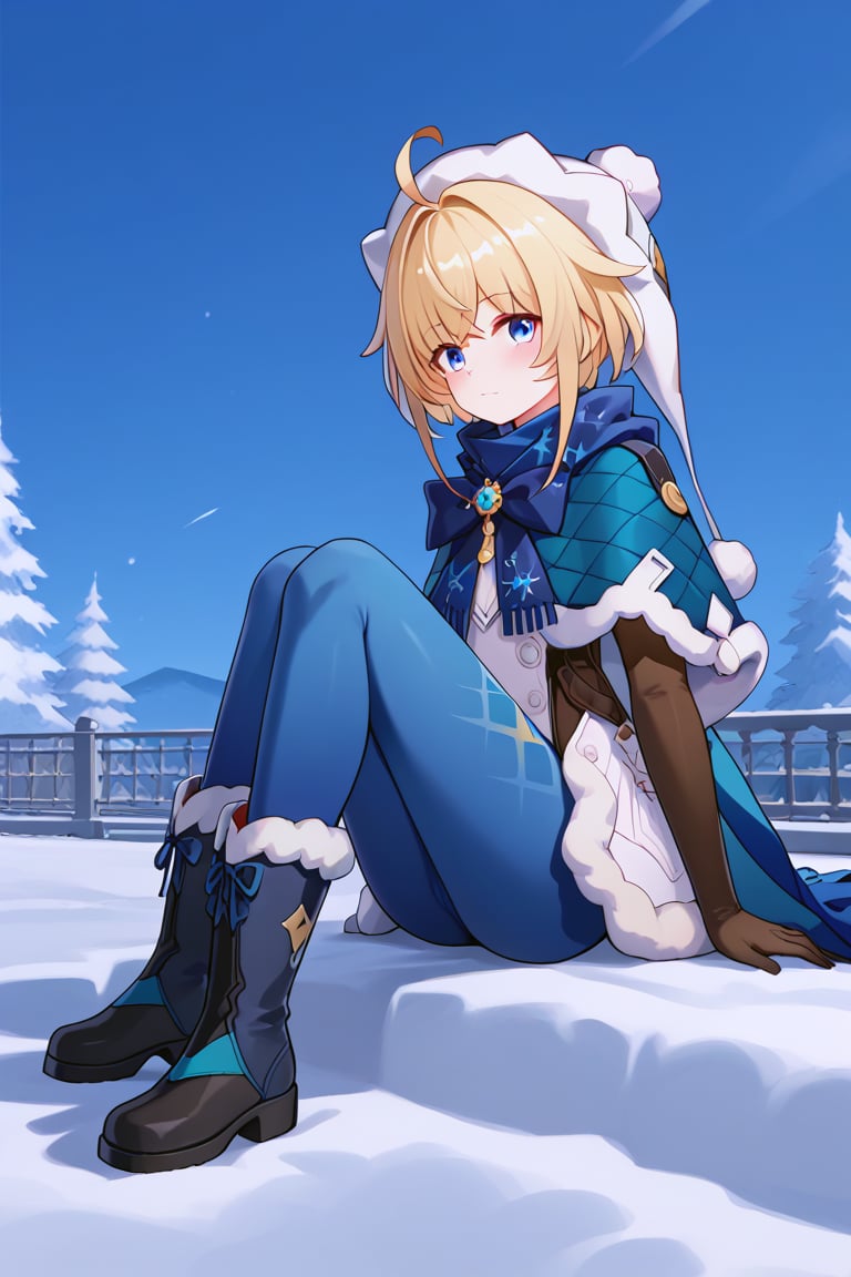 masterpiece, score_9, score_8, source_anime, long hair, white hair, LynxBren, 1girl, blonde hair, gloves, fur trim, blue eyes, ahoge, hat, black gloves, blue scarf, short hair, blush, pantyhose, capelet, boots, winter clothes, white headwear, black footwear, fur-trimmed boots, hood, blue capelet, jacket, elbow gloves, blue pantyhose, pants, blue pants, hair intakes, long sleeves, sitting