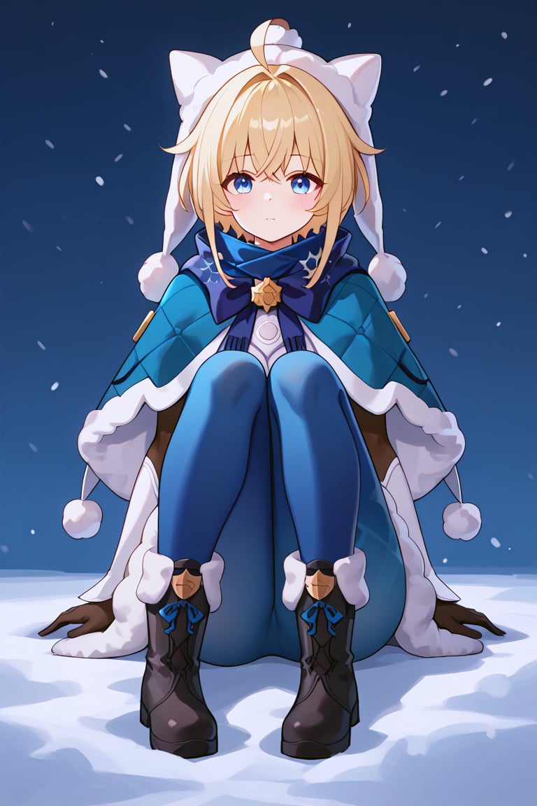 masterpiece, score_9, score_8, source_anime, long hair, white hair, LynxBren, 1girl, blonde hair, gloves, fur trim, blue eyes, ahoge, hat, black gloves, blue scarf, short hair, blush, pantyhose, capelet, boots, winter clothes, white headwear, black footwear, fur-trimmed boots, hood, blue capelet, jacket, elbow gloves, blue pantyhose, pants, blue pants, hair intakes, long sleeves, sitting