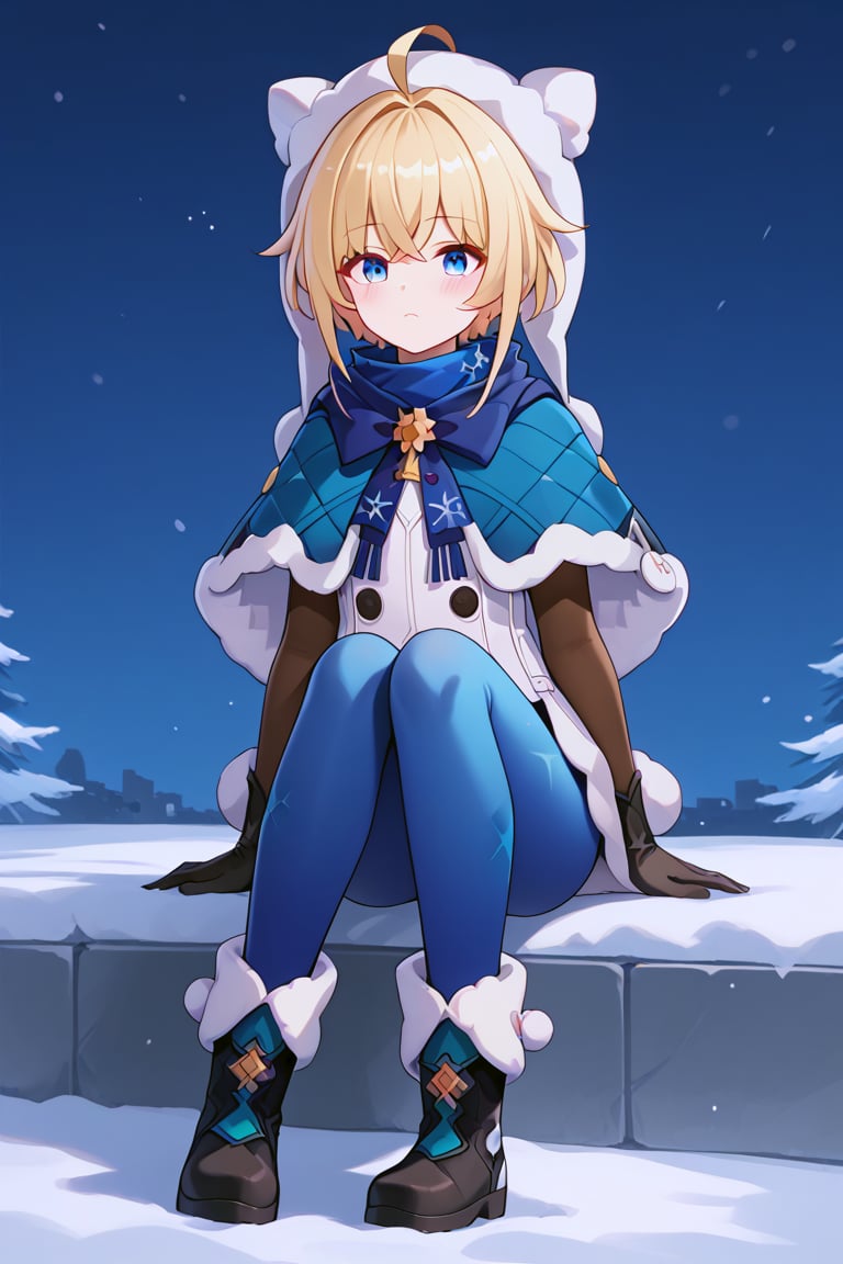 masterpiece, score_9, score_8, source_anime, long hair, white hair, LynxBren, 1girl, blonde hair, gloves, fur trim, blue eyes, ahoge, hat, black gloves, blue scarf, short hair, blush, pantyhose, capelet, boots, winter clothes, white headwear, black footwear, fur-trimmed boots, hood, blue capelet, jacket, elbow gloves, blue pantyhose, pants, blue pants, hair intakes, long sleeves, sitting