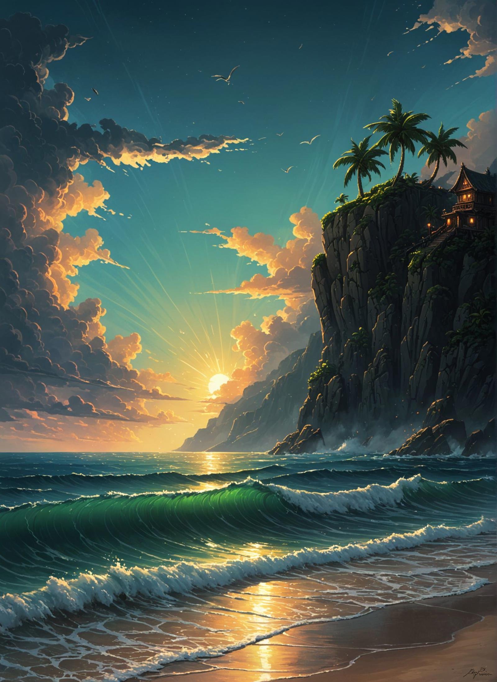 painting, Intensive seascape, Gamerpunk, painterly, cinematic atmosphere, magical atmosphere, cinematic perfect intricate stunning fine detail, stunning detail, contemporary fine detail, quality, located artistic, fine polished, perfect composition