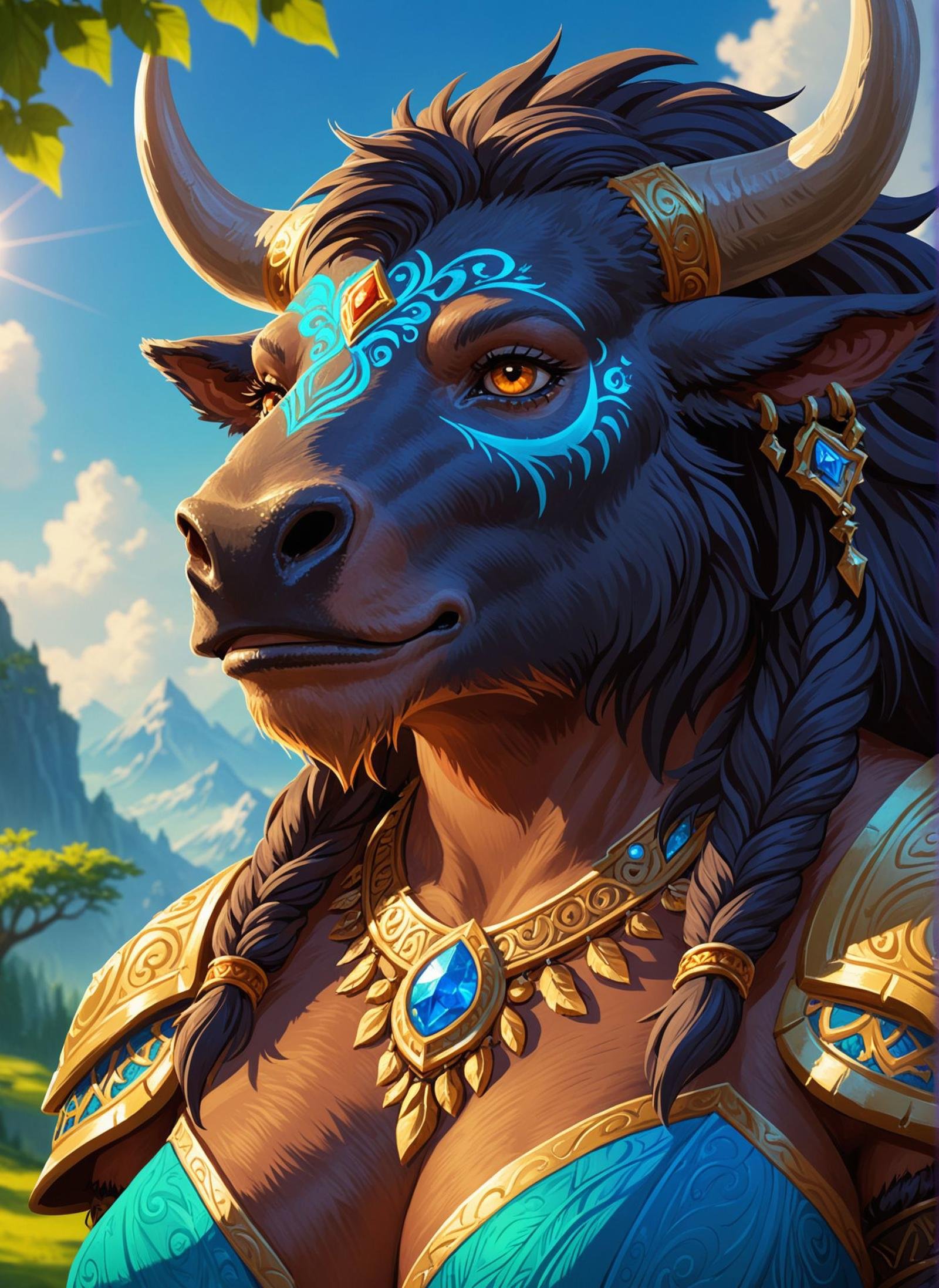 D&D style portrait, fantasy, digital art, Female Tauren, close-up, concept art, ornate, detailed face, sunny, highly color focused, enhanced quality, lush, epic atmosphere, pure, ambient atmosphere, cinematic perfect intricate stunning fine detail, extremely stylish, full color