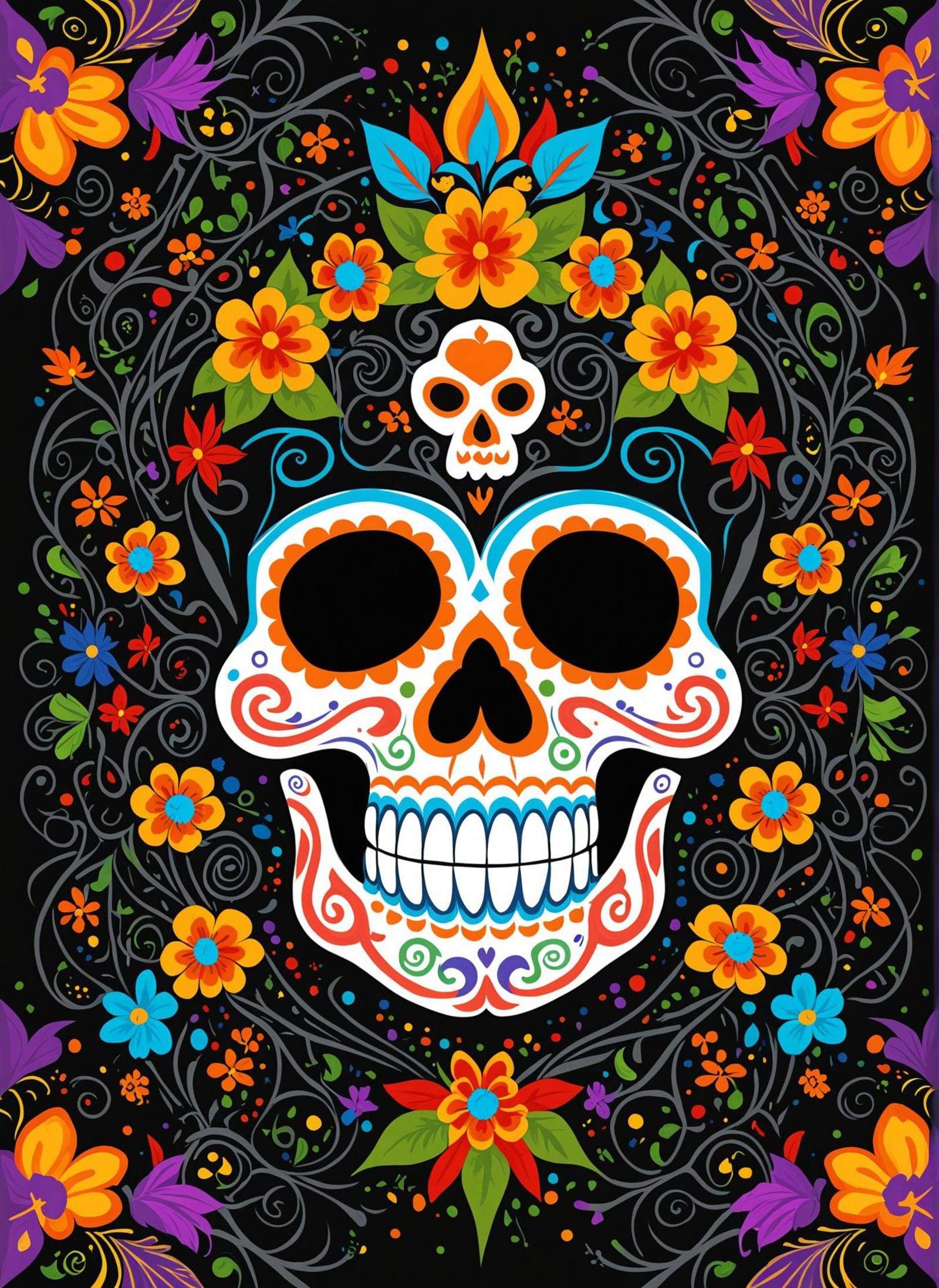 colorful painting on a dark black canvas, dios de los muertos, "Web of Power", mexican culture, vector art, flowing, deep aesthetic, highly intricate, fabulous colors, highly enhanced, pure, lush, dramatic, extremely rich detail