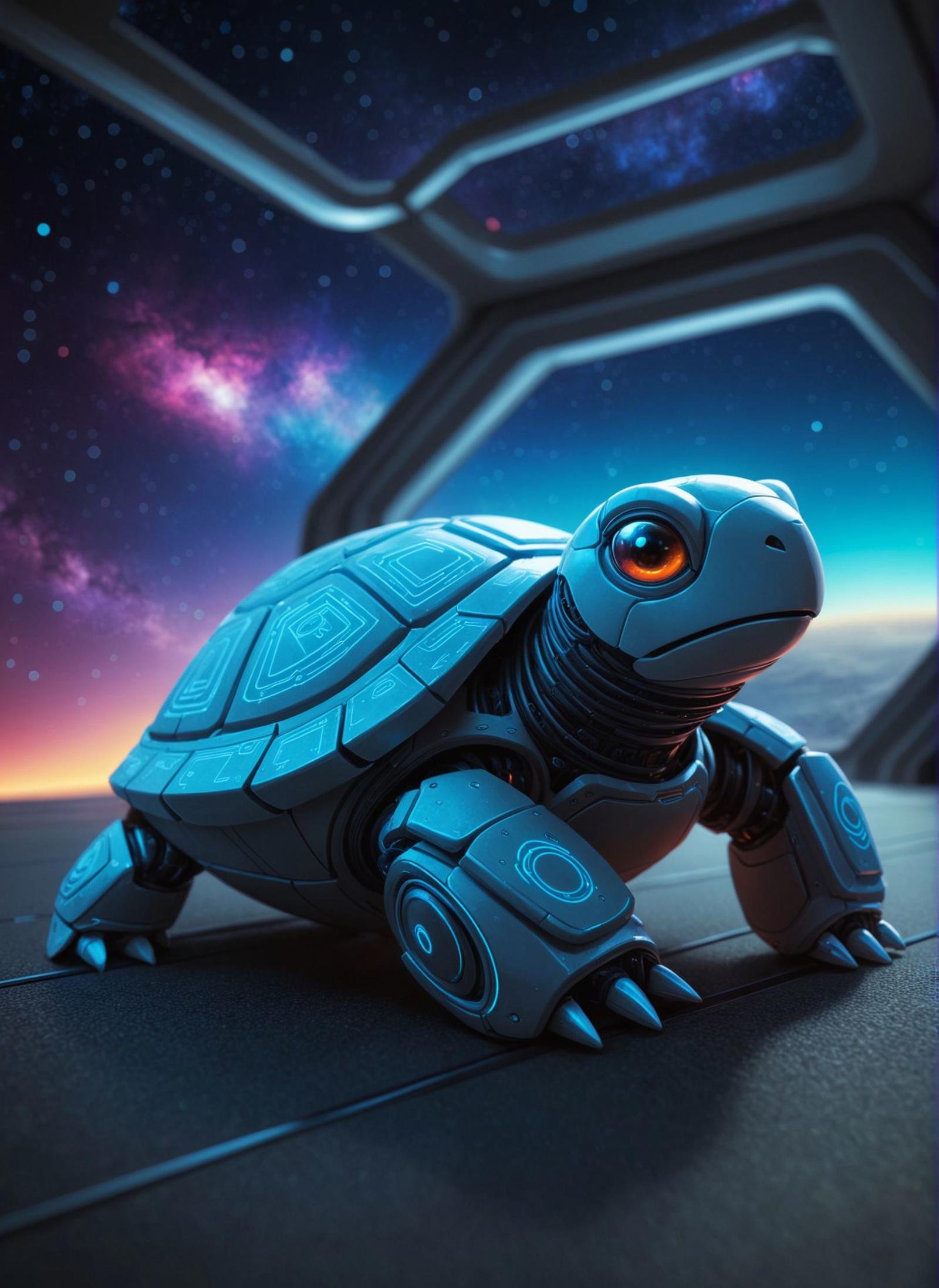 sci-fi, digital art, robotic Turtle with Folded ears, it is wearing a Indonesian cybernetics, It is Divine and Boring, inside a Outer space, Relaxed, technology, magical atmosphere, complex artistic color composition, highly color focused, sharp focus, epic composition, quality, inspired, cute